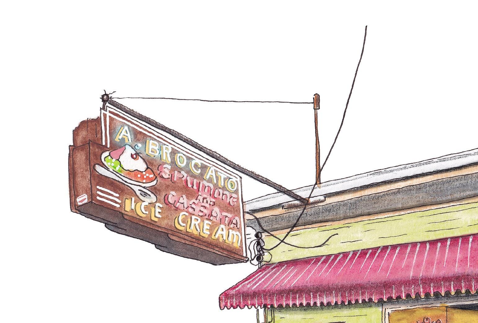 A detail photo of the Angelo Brocato art print. The sign: A vintage brown metal sign having neons forming lettering that reads "A. BROCATO: SPUMONE and CASSATA: ICE CREAM". The sign also pictures a dish holding ice cream and pastry.
