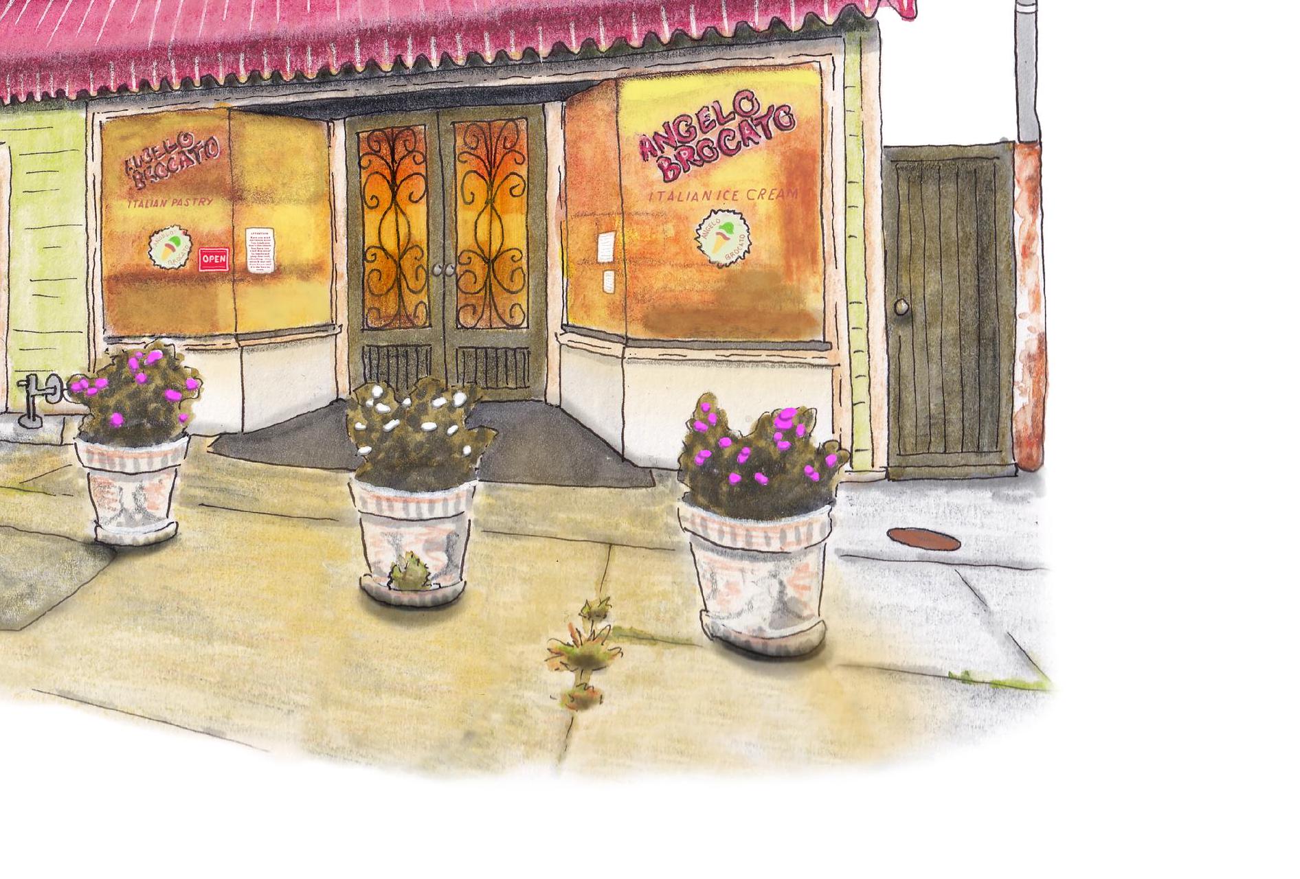 A detail photo of the Angelo Brocato art print. A pale green storefront with gold trim and a red and white striped awning sits behind a sidewalk with 5 evenly spaced concrete round planters holding purple and white flowers in them. From the building on the upper left side of our view protrudes a vintage brown metal sign having neons forming lettering that reads "A. BROCATO: SPUMONE and CASSATA: ICE CREAM". The sign also pictures a dish holding ice cream and pastry.