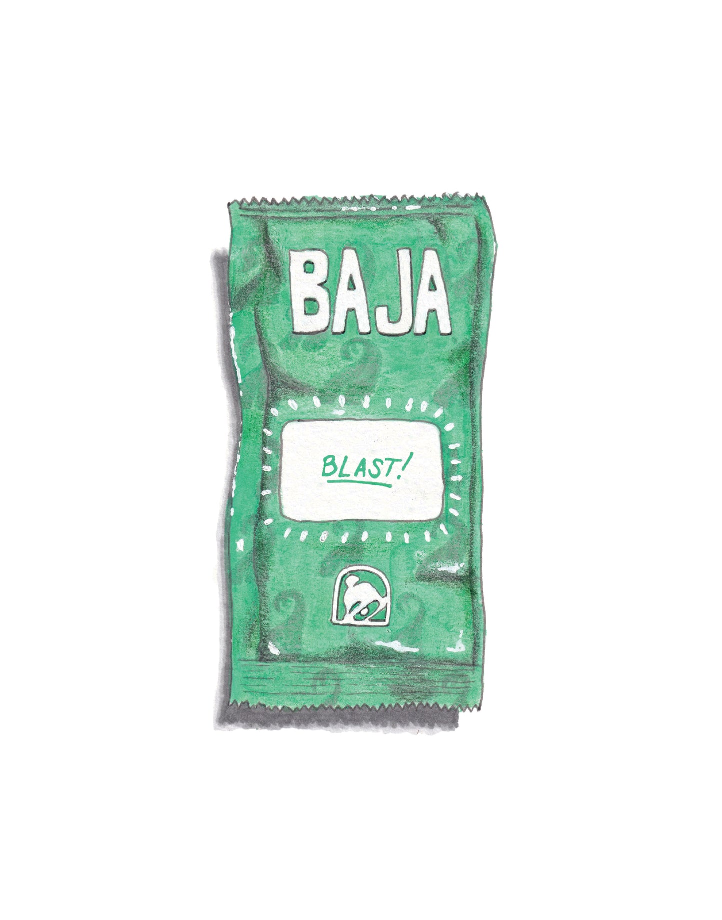 A product photo of the original art for the Baja Blast piece. A Green packet with 'BAJA' and 'BLAST!' text on a white background.