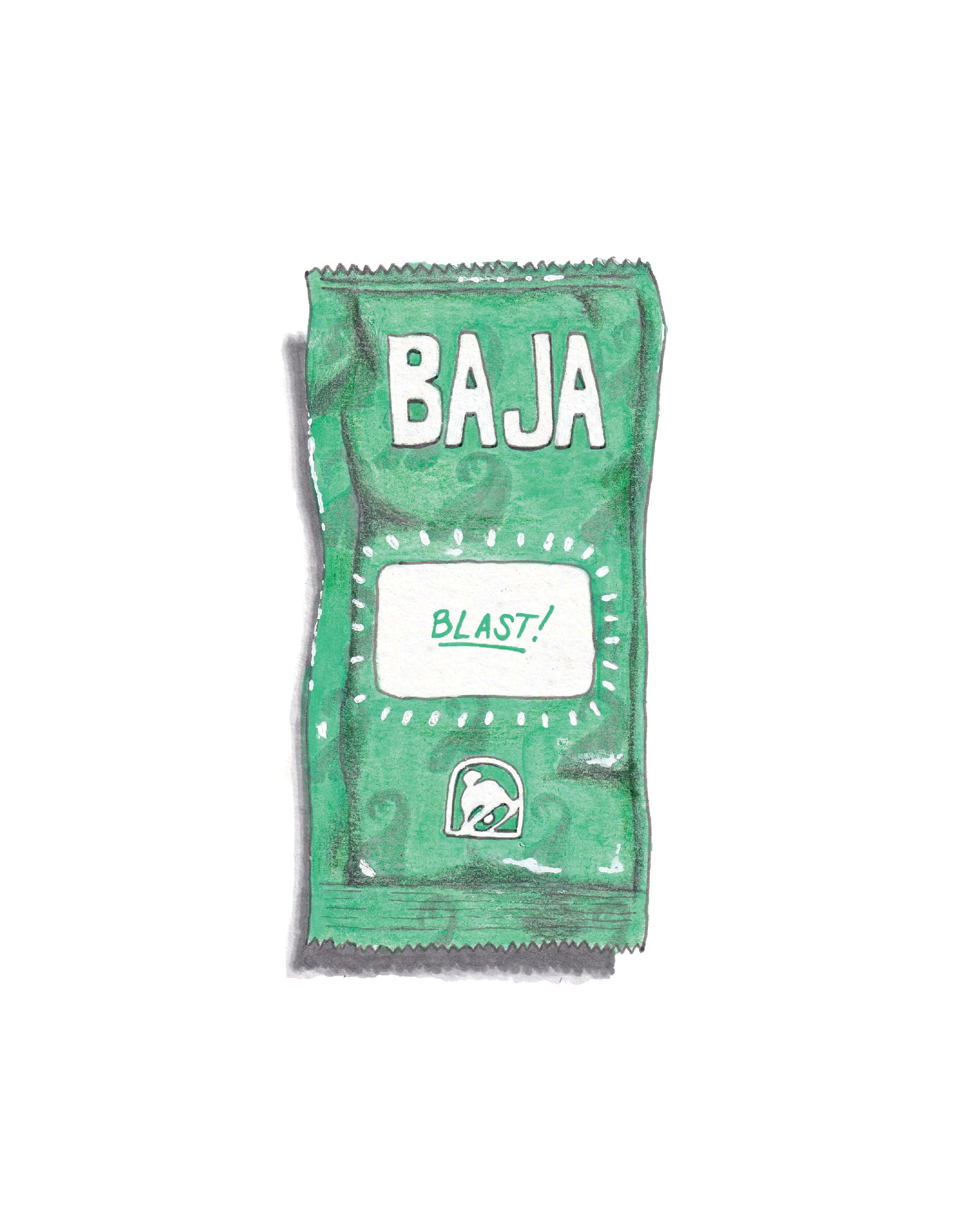 A product photo of the original art for the Baja Blast piece. A Green packet with 'BAJA' and 'BLAST!' text on a white background.