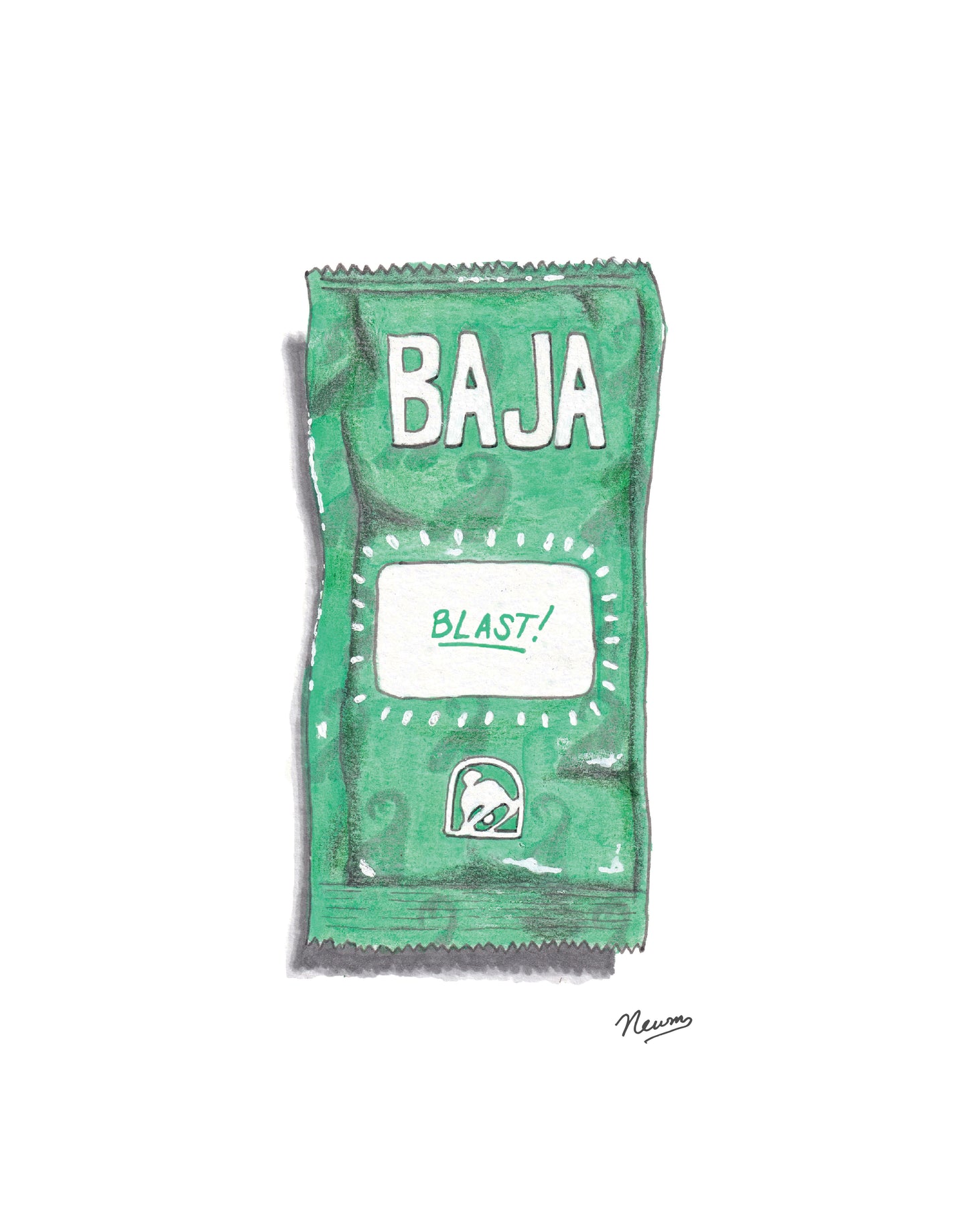An original concept of a sauce packet from a popular taco fast food chain floats on a white background. This art print shows a green packet and indicates a name of "BAJA" with a smaller inscription below highlighted by a white box within the packet design saying "BLAST!" A bell insignia is in the bottom middle of the packet. The packet has a pattern of wave shaped symbols slightly ruer than rest of the packet. The packet is unopened.