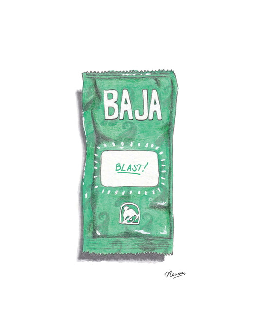 An original concept of a sauce packet from a popular taco fast food chain floats on a white background. This art print shows a green packet and indicates a name of "BAJA" with a smaller inscription below highlighted by a white box within the packet design saying "BLAST!" A bell insignia is in the bottom middle of the packet. The packet has a pattern of wave shaped symbols slightly ruer than rest of the packet. The packet is unopened.