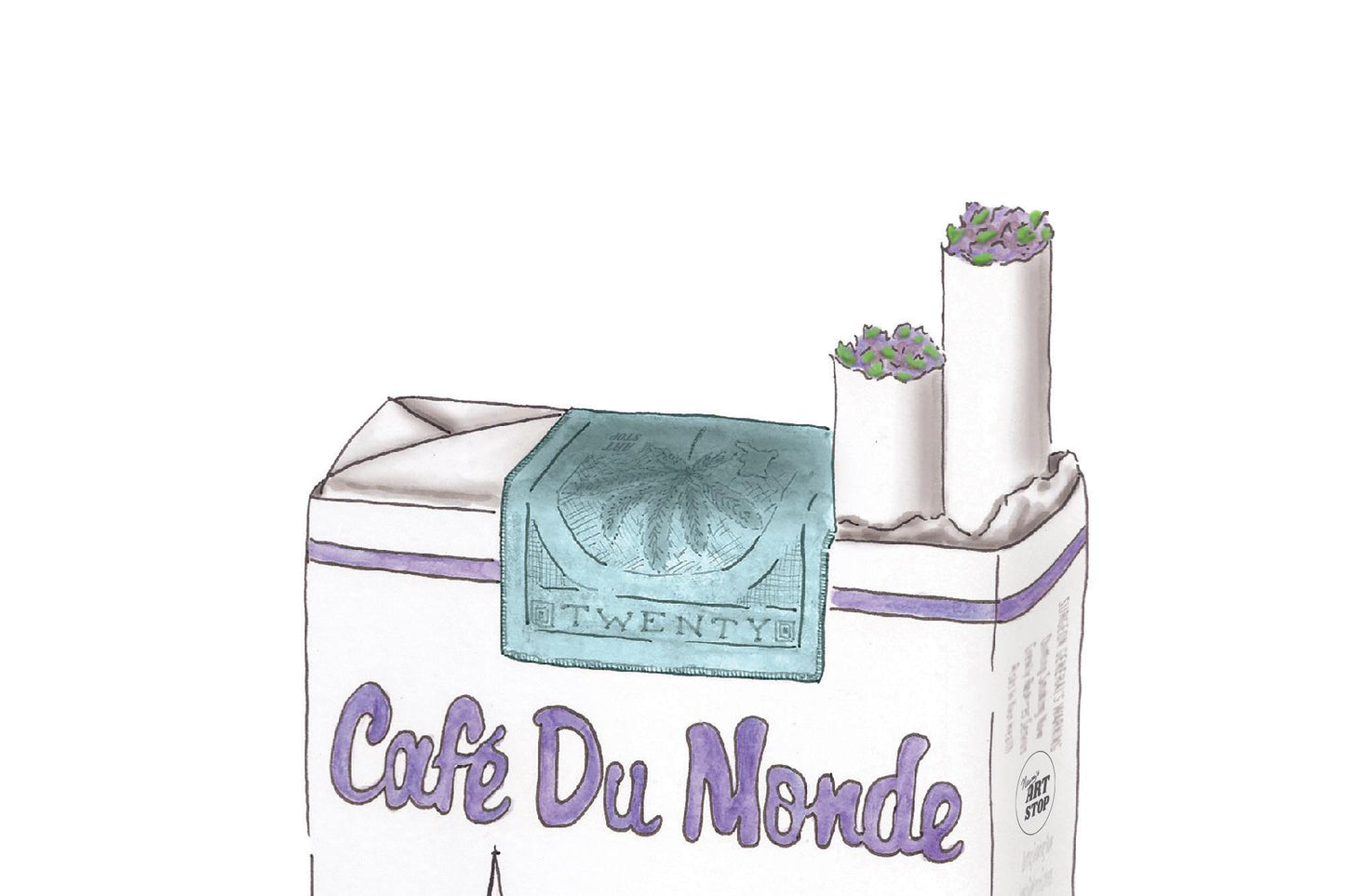 A detail of the top of the cigarette pack showing two cigarettes poking out of the pack. The substance protruding from the end of the cigarettes is purple and green.