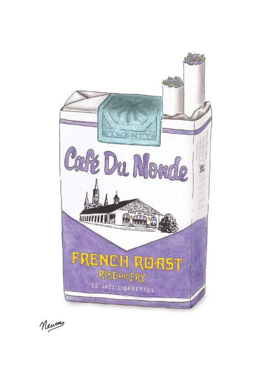 A product photo of the Cafe Du Monde French Roast art print. A novelty concept of a "jazz cigarette" soft pack branded with the popular and iconic Cafe DuMonde. The brand and flavor reading "FRENCH ROAST" of the "Rise and Fry" (both in gold) collection sandwiches the images of the popular eatery in black and white on the front of the pack. a chevron shaped break in the package color is purple.