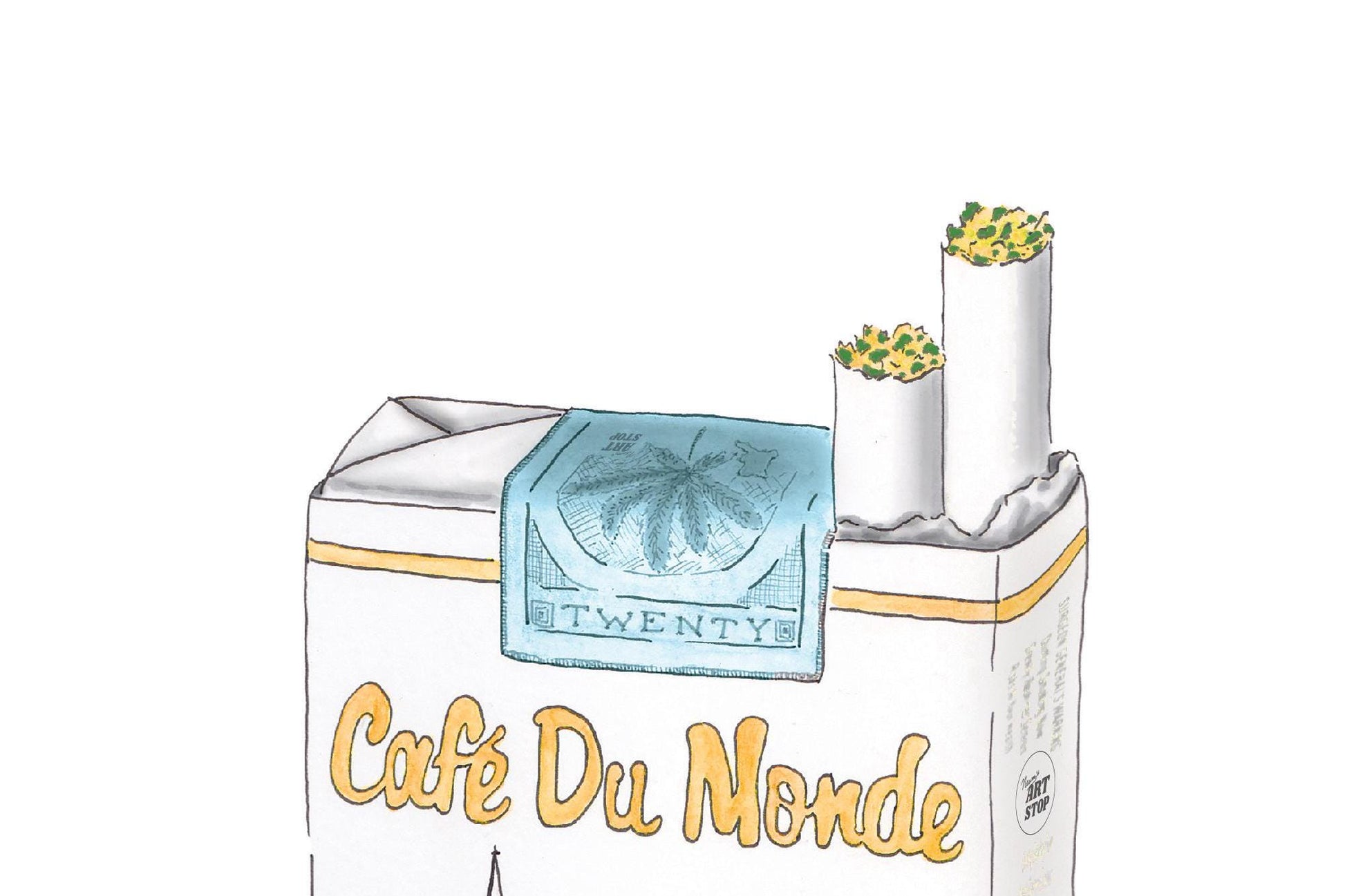 A detail of the top of the cigarette pack showing two cigarettes poking out of the pack. The substance protruding from the end of the cigarettes is green and gold.