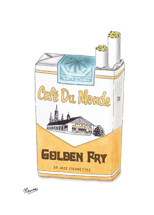 A product photo of the Cafe Du Monde Golden Fry art print. A novelty concept of a "jazz cigarette" soft pack branded with the popular and iconic Cafe DuMonde. The brand and flavor reading "GOLDEN FRY" written in dark brown sandwiches the images of the popular eatery in black and white on the front of the pack. a chevron shaped break in the package color is gold.