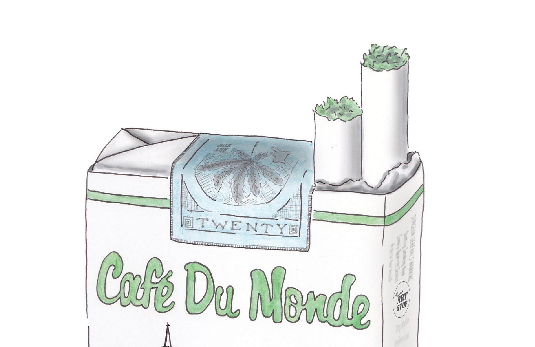 A detail of the top of the cigarette pack showing two cigarettes poking out of the pack. The substance protruding from the end of the cigarettes is green.