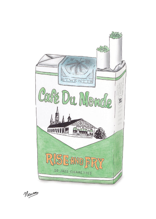 A product photo of the Cafe Du Monde Rise and Fry art print. A novelty concept of a "jazz cigarette" soft pack branded with the popular and iconic Cafe DuMonde. The brand and flavor reading "RISE and FRY" written in gold sandwiches the images of the popular eatery in black and white on the front of the pack. a chevron shaped break in the package color is green.