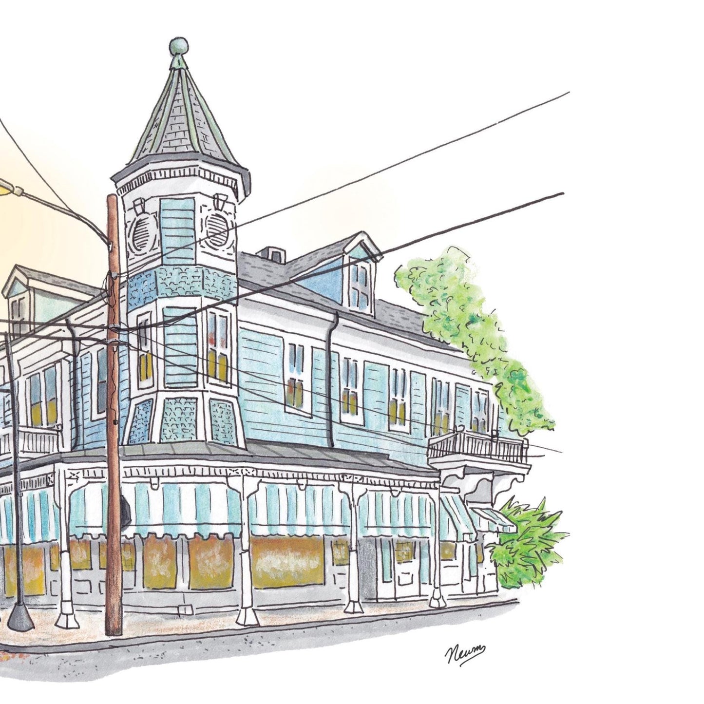 A detail photo of the Commander's Palace art print. The iconic light blue restaurant with white trim and blue and white striped awnings sits on its street corner deep in the Garden District of New Orleans. The spire reaches to the top center of the composition while power lines guide the eyes across this architectural beauty . The sign reading "COMMANDER'S PALACE RESTAURANT" sits out front on its own pole in front of a lantern lined gallery. A warm glow emanates from the restaurant windows.