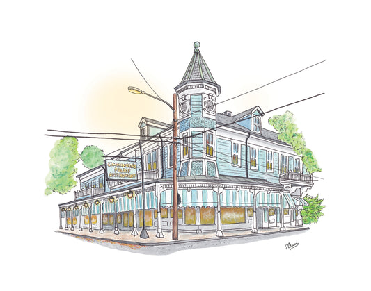 A product photo of the Commander's Palace art print. The iconic light blue restaurant with white trim and blue and white striped awnings sits on its street corner deep in the Garden District of New Orleans. The spire reaches to the top center of the composition while power lines guide the eyes across this architectural beauty . The sign reading "COMMANDER'S PALACE RESTAURANT" sits out front on its own pole in front of a lantern lined gallery. A warm glow emanates from the restaurant windows.