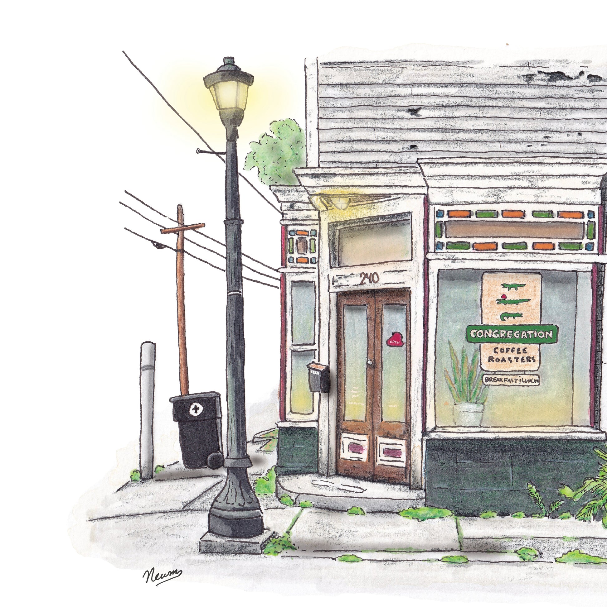 A detail photo of the Congregation Coffee Shop art print. A white and heavily weathered corner store with many weeds growing through the cracks of the sidewalk. A rusty old refrigerator sits on the sidewalk with a lit, decorative lightpole on the corner. The window features a sign reading "Congregation Coffee Roasters" with alligators on it. A hat shaped sign in the window of the door reads "Open". A warm green glow emanates from inside. The windows are lined with green and orange satined glass rectangles.
