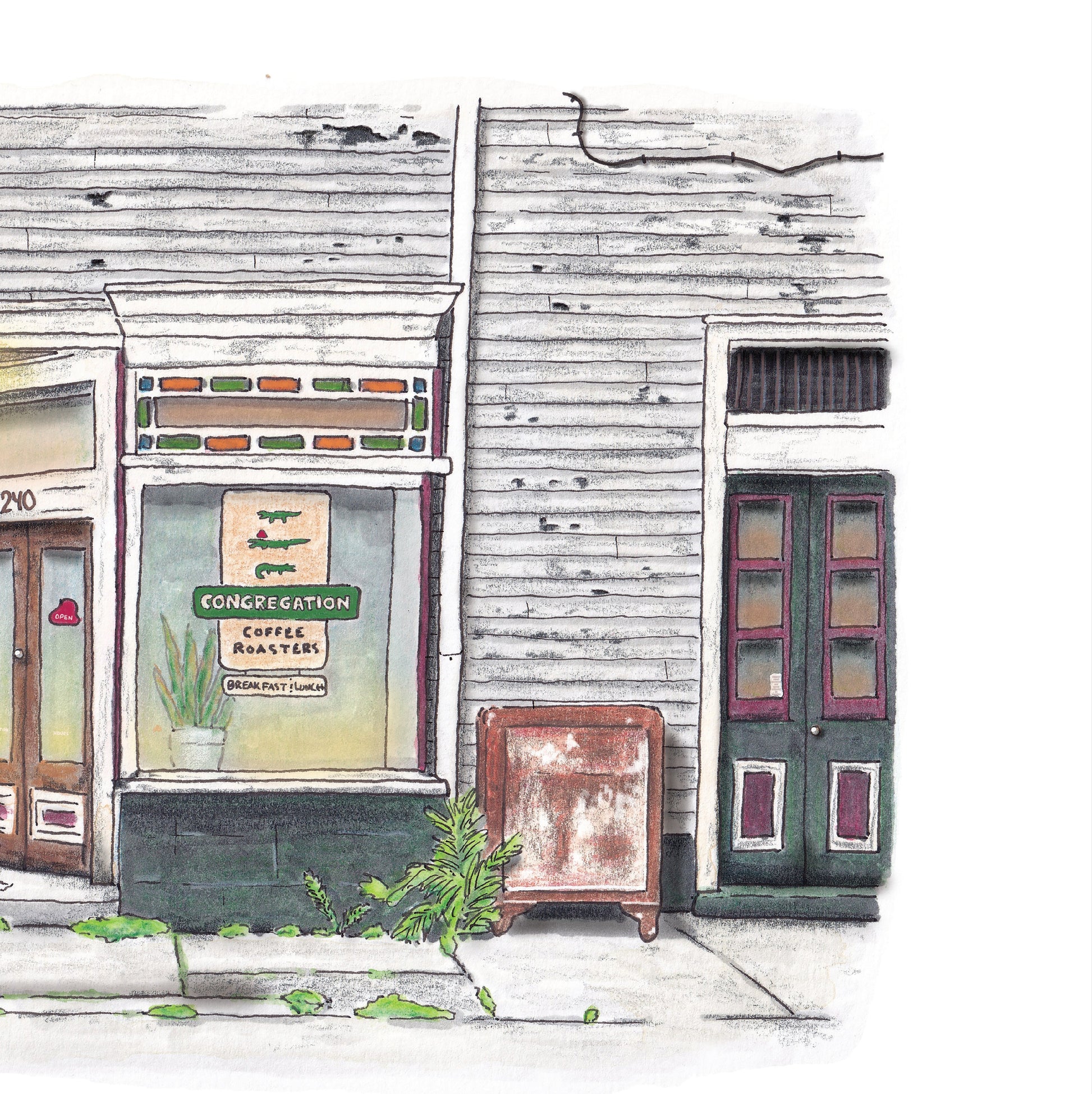 A product photo of the Congregation Coffee Shop art print. A white and heavily weathered corner store with many weeds growing through the cracks of the sidewalk. A rusty old refrigerator sits on the sidewalk with a lit, decorative lightpole on the corner. The window features a sign reading "Congregation Coffee Roasters" with alligators on it. A hat shaped sign in the window of the door reads "Open". A warm green glow emanates from inside. The windows are lined with green and orange satined glass rectangles.