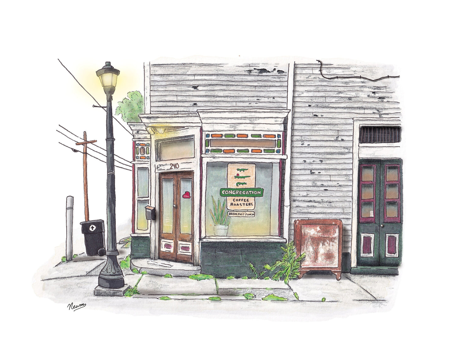 A product photo of the Congregation Coffee Shop art print. A white and heavily weathered corner store with many weeds growing through the cracks of the sidewalk. A rusty old refrigerator sits on the sidewalk with a lit, decorative lightpole on the corner. The window features a sign reading "Congregation Coffee Roasters" with alligators on it. A hat shaped sign in the window of the door reads "Open". A warm green glow emanates from inside. The windows are lined with green and orange satined glass rectangles.