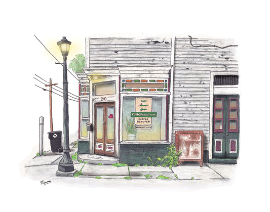 A product photo of the Congregation Coffee Shop art print. A white and heavily weathered corner store with many weeds growing through the cracks of the sidewalk. A rusty old refrigerator sits on the sidewalk with a lit, decorative lightpole on the corner. The window features a sign reading "Congregation Coffee Roasters" with alligators on it. A hat shaped sign in the window of the door reads "Open". A warm green glow emanates from inside. The windows are lined with green and orange satined glass rectangles.