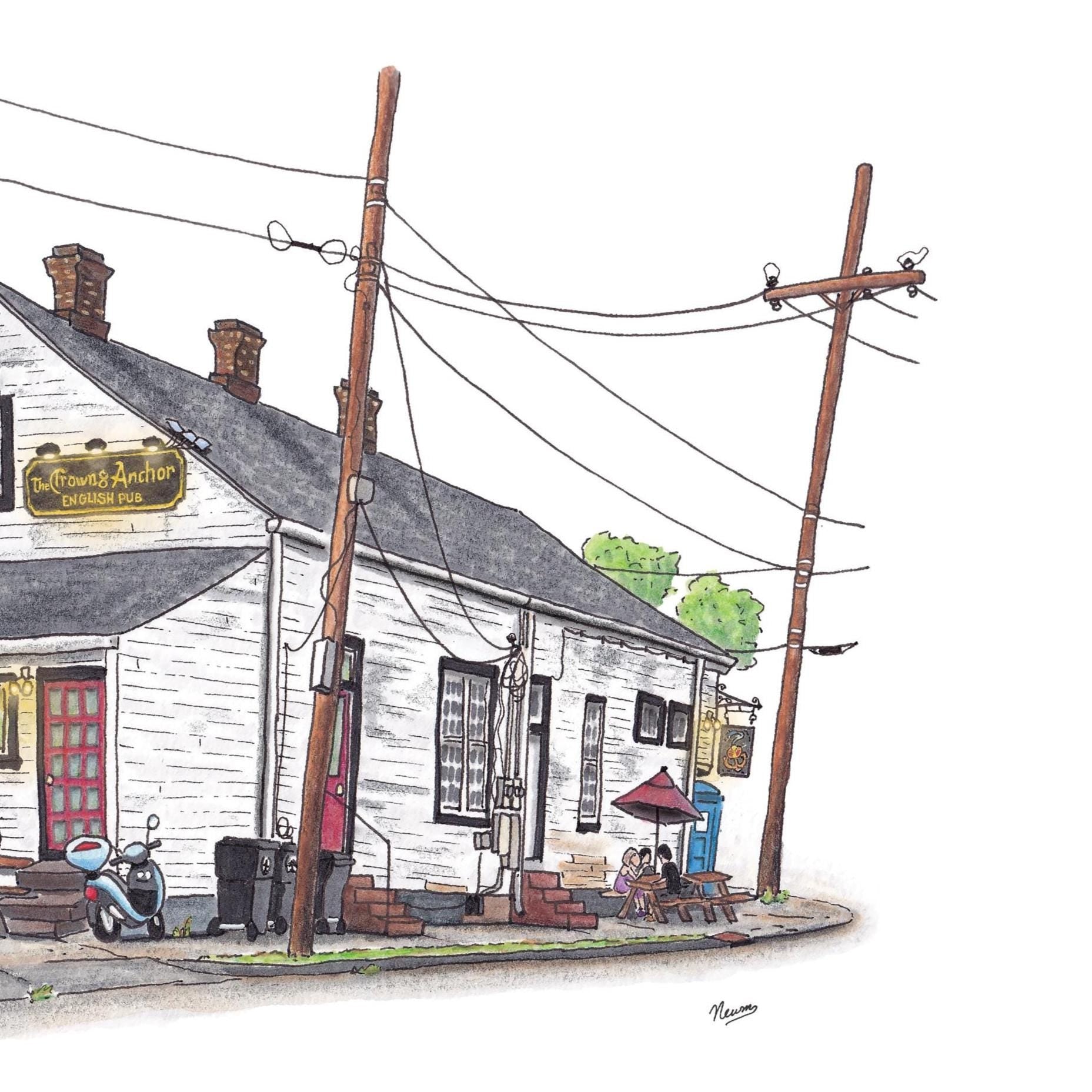 A detail photo of the Crown and Anchor Pub art print. A white building with red & black trim and a high pitched roof faces you with a 2 point perspective. 3 chimneys sit on the top of the roof. Power lines, sidewalk, picnic tables, and local patrons surround the building. A black sign with gold, old English style lettering illuminated by three overhead lights reads "The Crown and Anchor English Pub". The image floats on a white background.