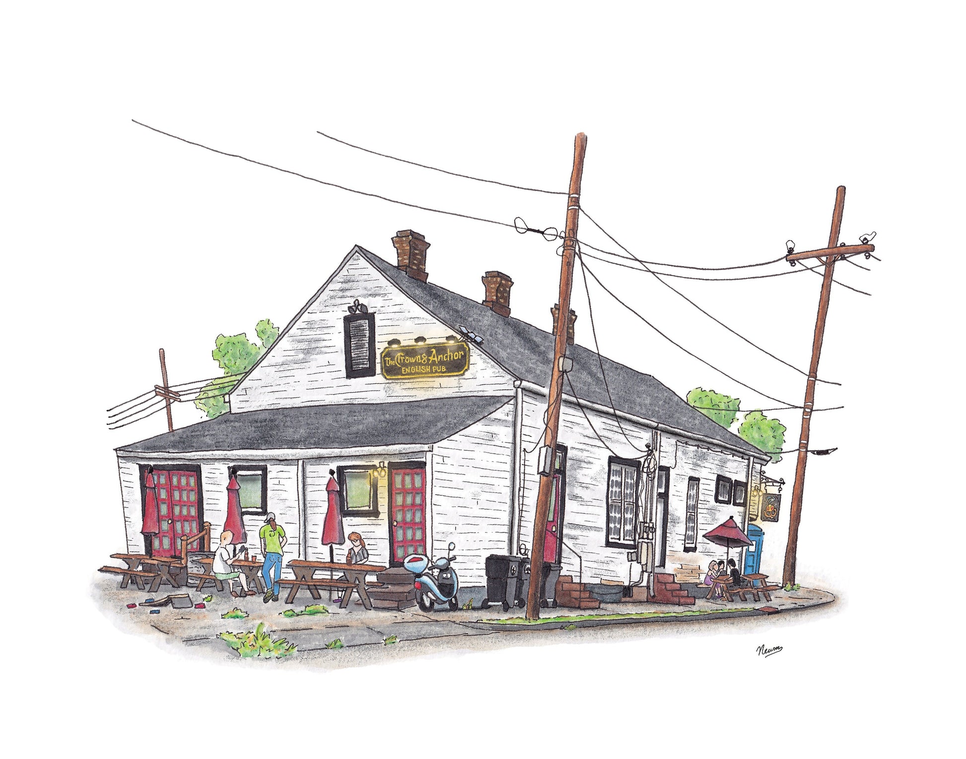 A product photo of the Crown and Anchor Pub art print. A white building with red & black trim and a high pitched roof faces you with a 2 point perspective. 3 chimneys sit on the top of the roof. Power lines, sidewalk, picnic tables, and local patrons surround the building. A black sign with gold, old English style lettering illuminated by three overhead lights reads "The Crown and Anchor English Pub". The image floats on a white background.