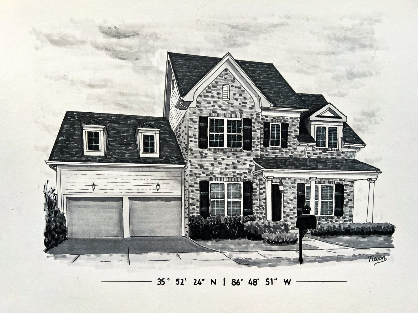 An example of a grayscale custom home portrait commission art. A pencil and ink drawing of a two-story house with a garage.