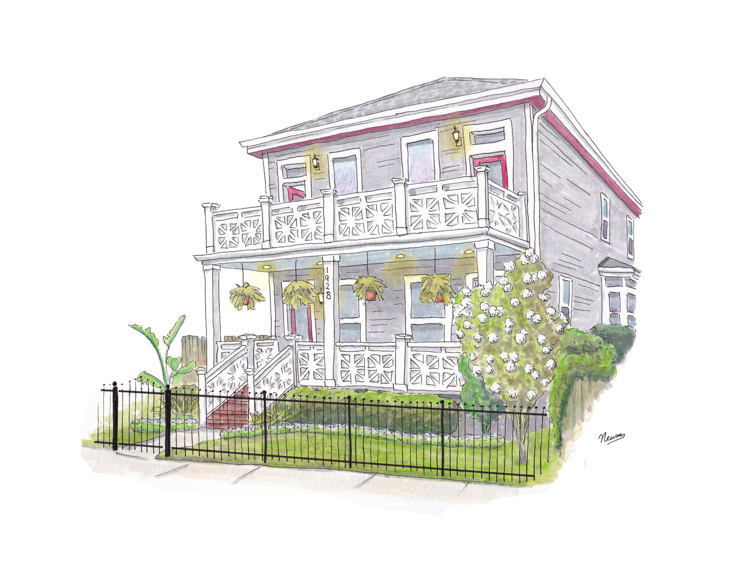 An example of a custom home portrait commission art from 1928 General Taylor Street in Uptown New Orleans. The house is gray with red and white trim, and features hanging ferns from a porch which supports a balcony overhead. The yard is full of local fauna including a banana tree to the left and a Crete myrtle to the right with white blooms. And iron fence and gas guards the front. The image floats on a white background.