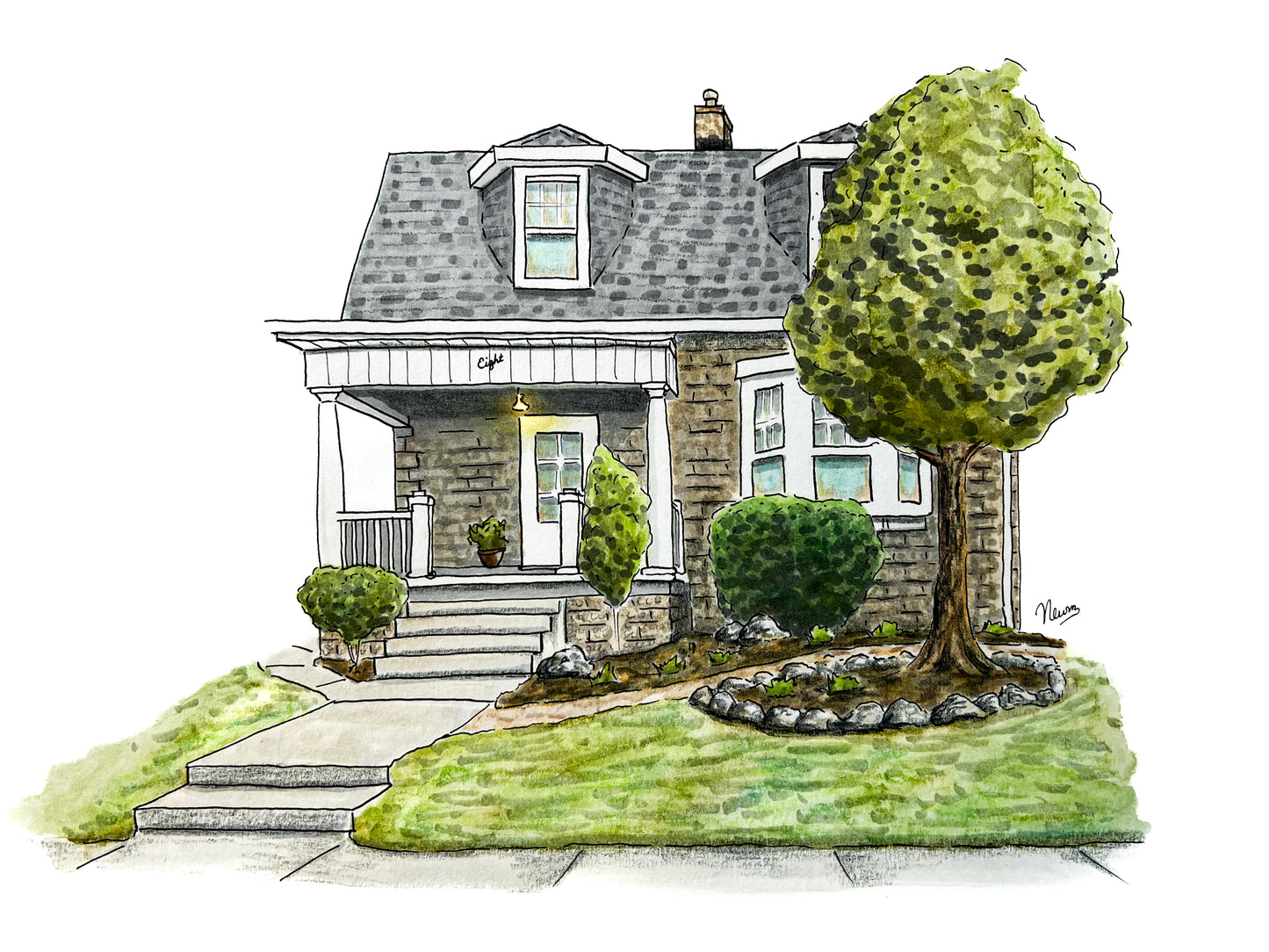 An example of a line and wash custom home portrait commission art. An illustration of a house with a tree and garden on a white background