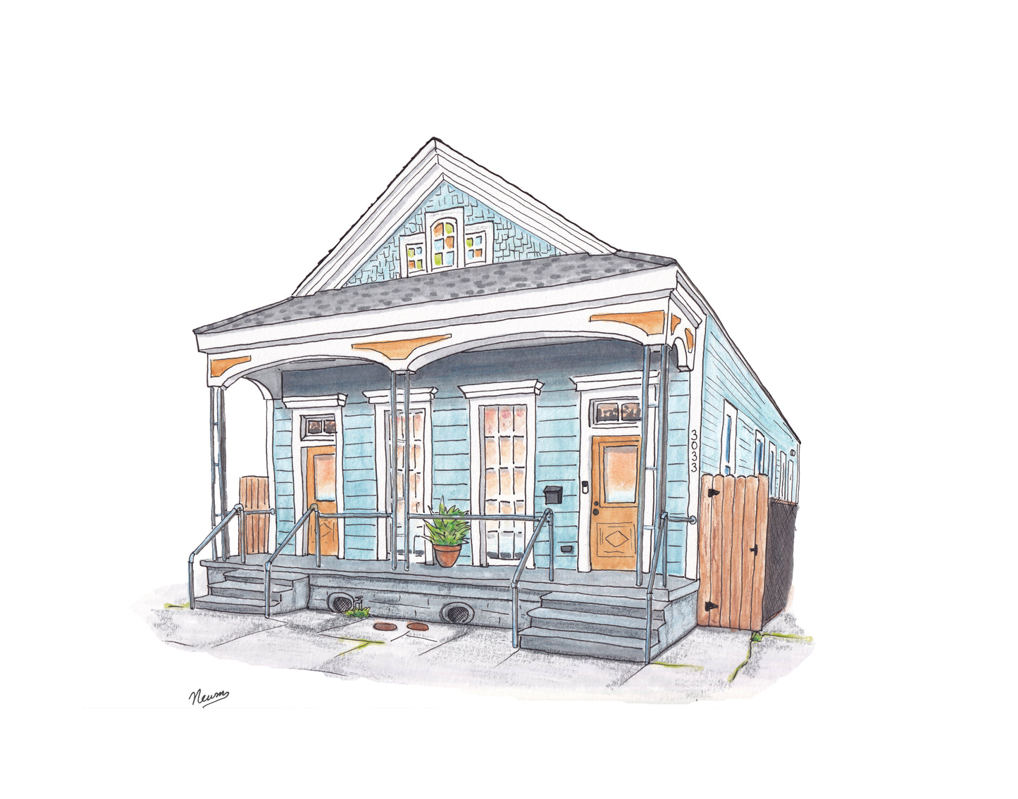 An example of a line and wash custom home portrait commission art. An illustration of a blue house with a porch on a white background