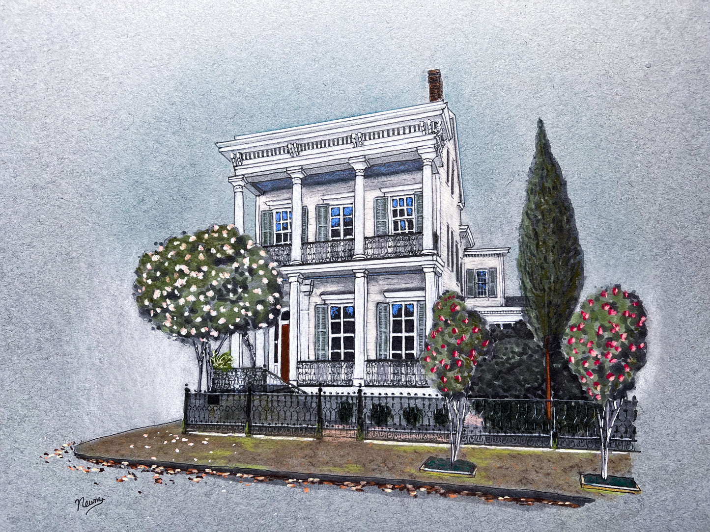 An example of a pastel custom home portrait commission art. A stylized drawing of a large house with decorative elements on a light gray background.