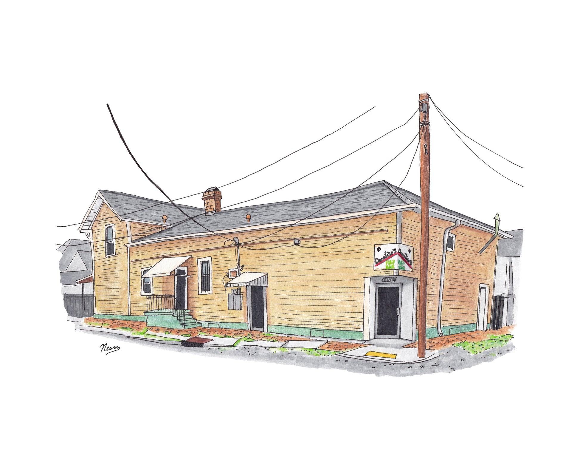 A product photo of the Domilise's PoBoy art print. The yellow classic New Orleans style building with green trim shows the handprinted sign affixed to the building on the coner reading "Domilise's PoBoy and Bar". The sidewalks are a mix of concrete and brick with sparsely scattered opportunistic weed and grass growing through the cracks. Power lines and a pole anchor at the right center street corner. Est. 1918