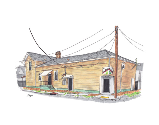 A product photo of the Domilise's PoBoy art print. The yellow classic New Orleans style building with green trim shows the handprinted sign affixed to the building on the coner reading "Domilise's PoBoy and Bar". The sidewalks are a mix of concrete and brick with sparsely scattered opportunistic weed and grass growing through the cracks. Power lines and a pole anchor at the right center street corner. Est. 1918