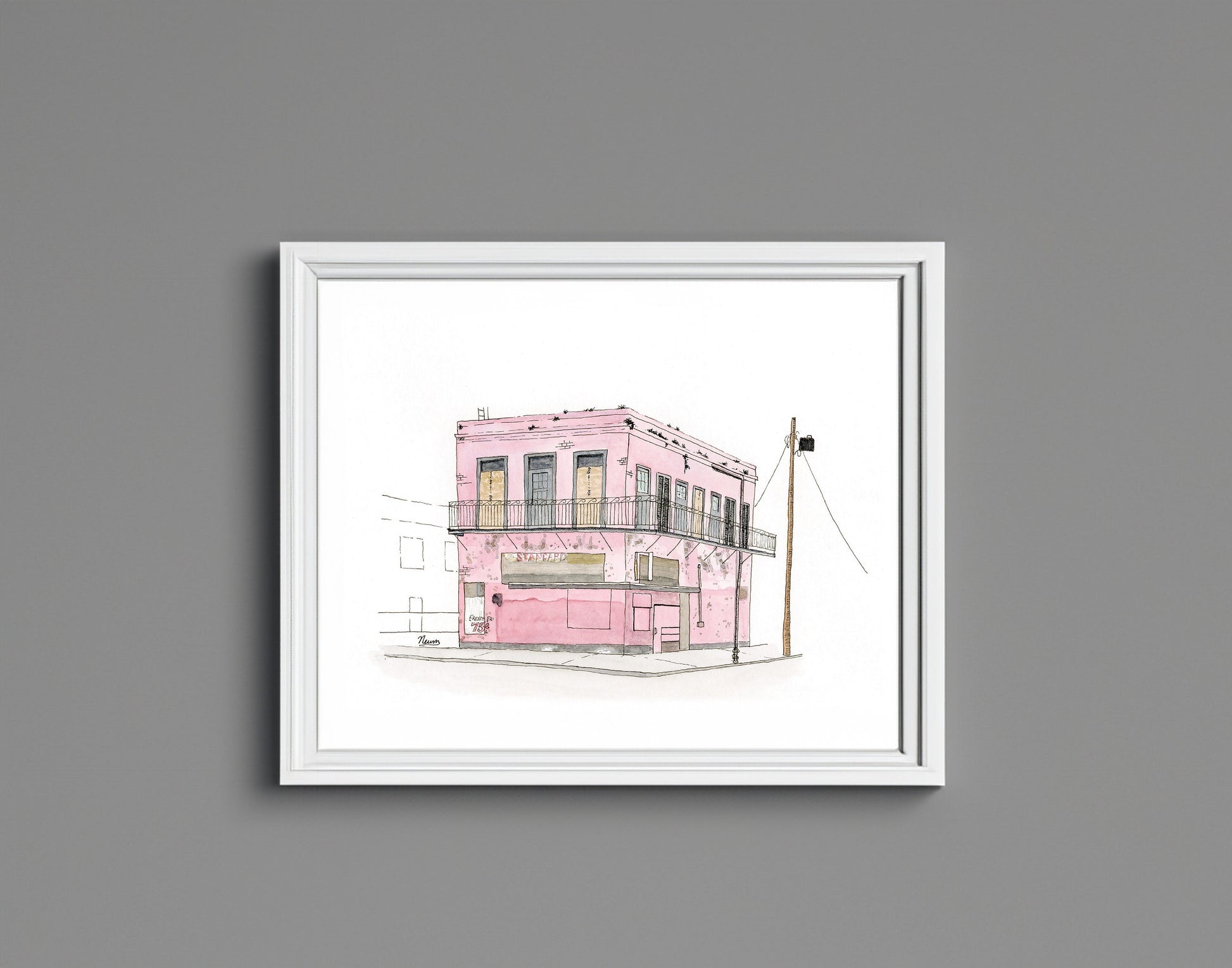A detail photo of the Gene's PoBoy art print. The finished piece is framed and hung on a slate wall. The frame is white matching the background in which the image floats.