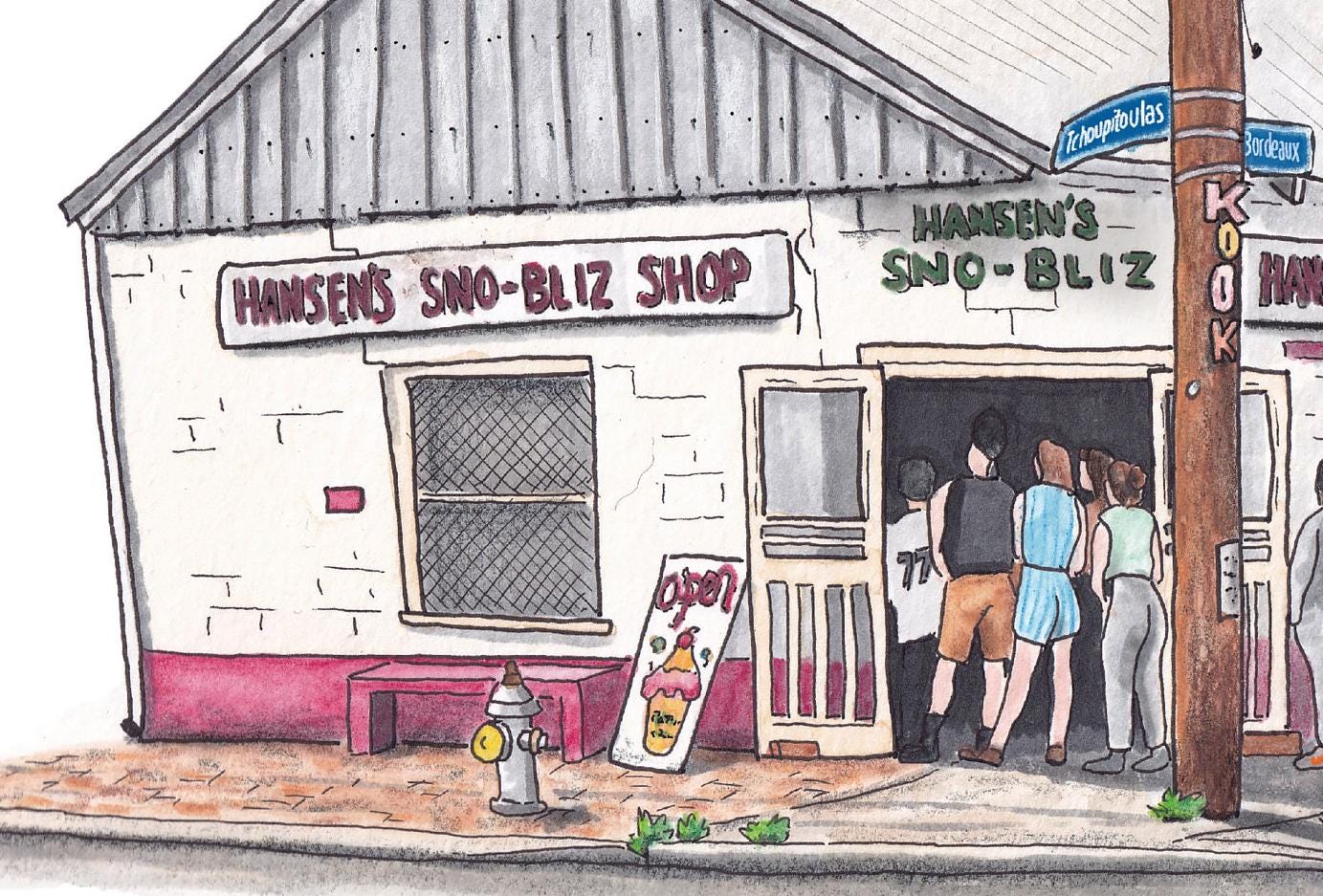 A detail photo of the Hansen's Sno-Bliz art print. The corner of Tchoupitoulas and Bordeaux in New Orleans is home to an iconic sno-ball shop. Hansen's is a New Orleans institution as witnessed by the patrons lining the street in this painting to get a son-ball on a hot New Orleans summer day. The building is unassuming, white with read trim and green signage above the corner door reading "HANSEN'S SNO - BLIZ". The corner doors stand wide open.