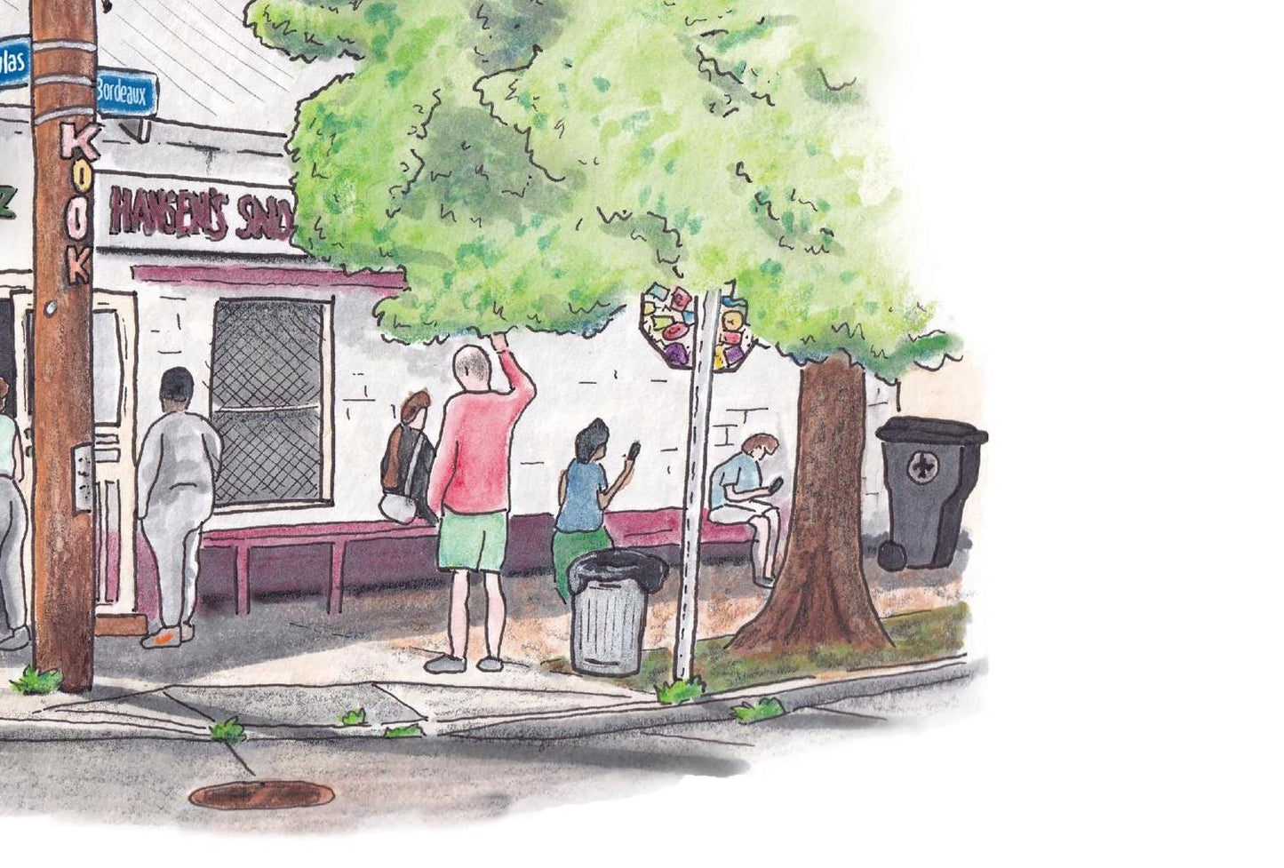A detail photo of the Hansen's Sno-Bliz art print. The corner of Tchoupitoulas and Bordeaux in New Orleans is home to an iconic sno-ball shop. Hansen's is a New Orleans institution as witnessed by the patrons lining the street in this painting to get a son-ball on a hot New Orleans summer day. The building is unassuming, white with read trim and green signage above the corner door reading "HANSEN'S SNO - BLIZ". The corner doors stand wide open.