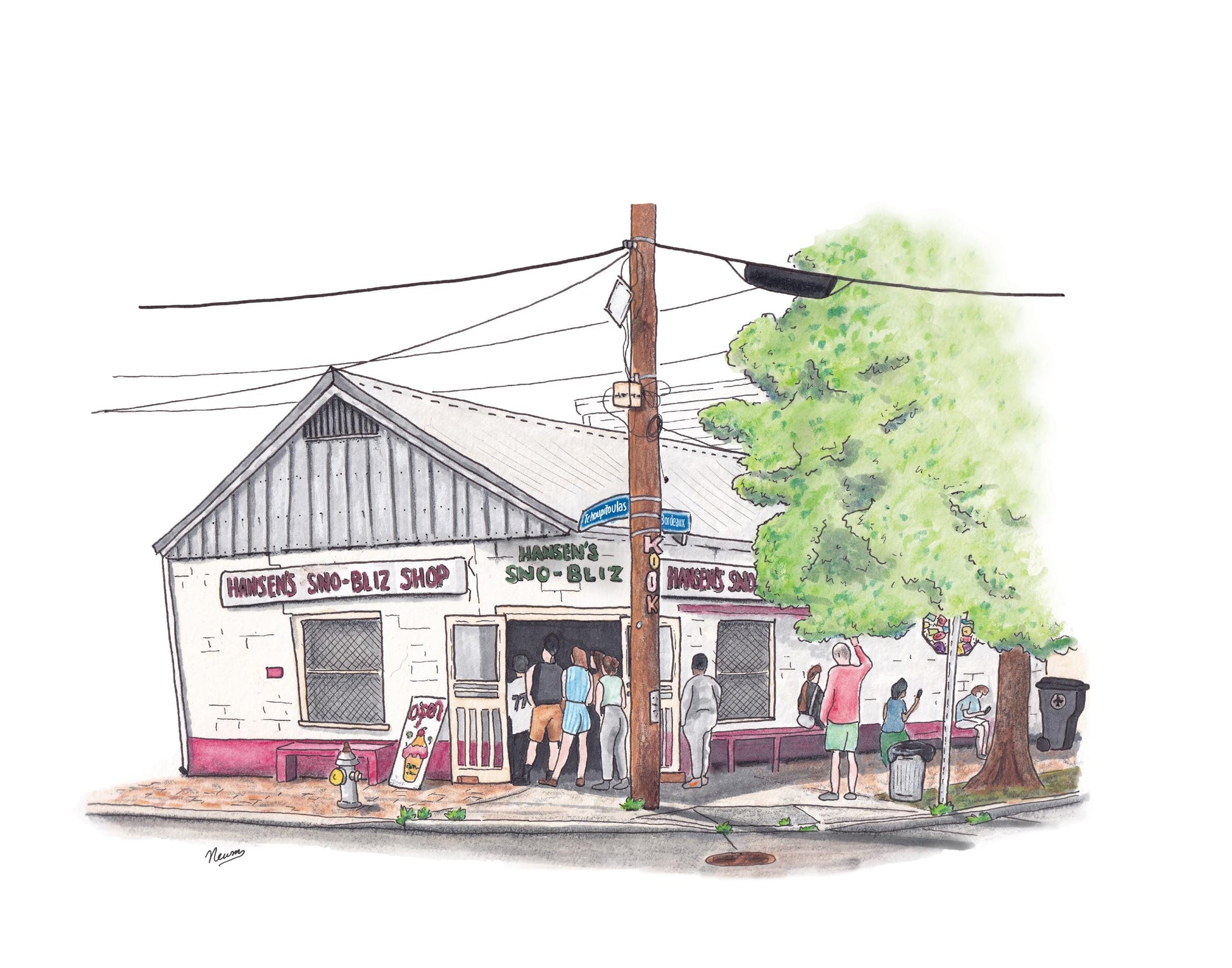 A product photo of the Hansen's Sno-Bliz art print. The corner of Tchoupitoulas and Bordeaux in New Orleans is home to an iconic sno-ball shop. Hansen's is a New Orleans institution as witnessed by the patrons lining the street in this painting to get a son-ball on a hot New Orleans summer day. The building is unassuming, white with read trim and green signage above the corner door reading "HANSEN'S SNO - BLIZ". The corner doors stand wide open.