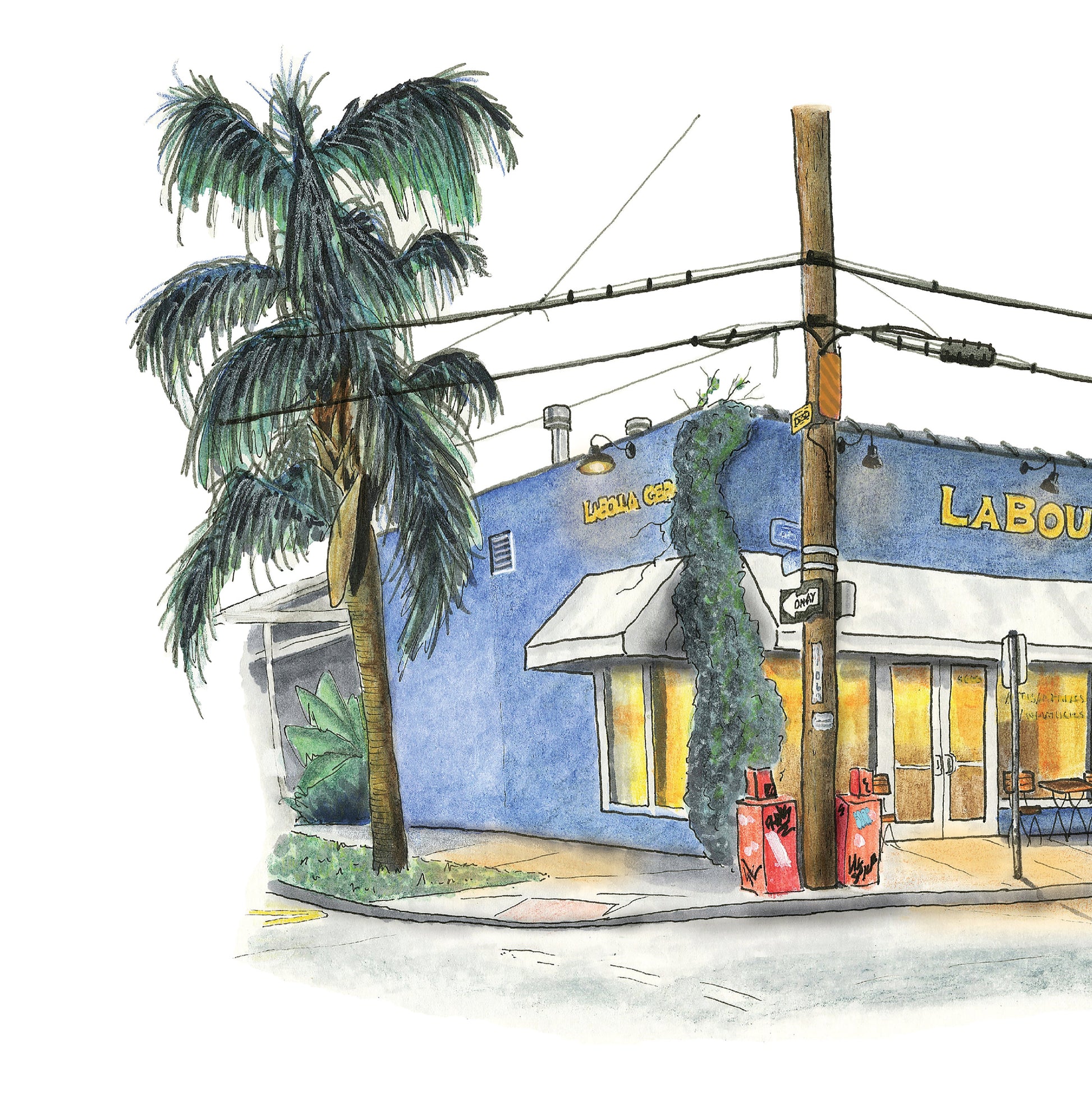 A detail photo of the La Boulangerie art print. A navy blue rectangular building is viewed from a corner on Magazine Street in New Orleans. The building houses a the French bakery aptly named La Boulangerie. Vines grow up and down the front of the restaurant. A warm amber glow emanates from the windows while several soon to be patrons wait outside on the sidewalk for the doors to be opened. A palm tree flanks the left and a power pole with newspaper machines sit at its base.