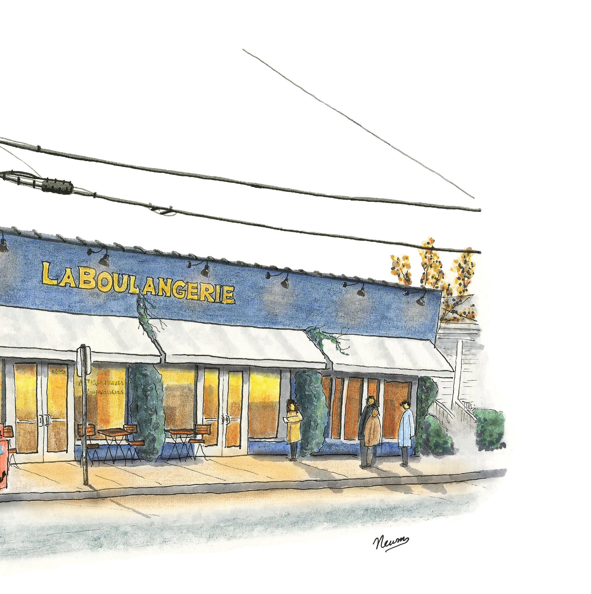 A detail photo of the La Boulangerie art print. A navy blue rectangular building is viewed from a corner on Magazine Street in New Orleans. The building houses a the French bakery aptly named La Boulangerie. Vines grow up and down the front of the restaurant. A warm amber glow emanates from the windows while several soon to be patrons wait outside on the sidewalk for the doors to be opened. A palm tree flanks the left and a power pole with newspaper machines sit at its base.