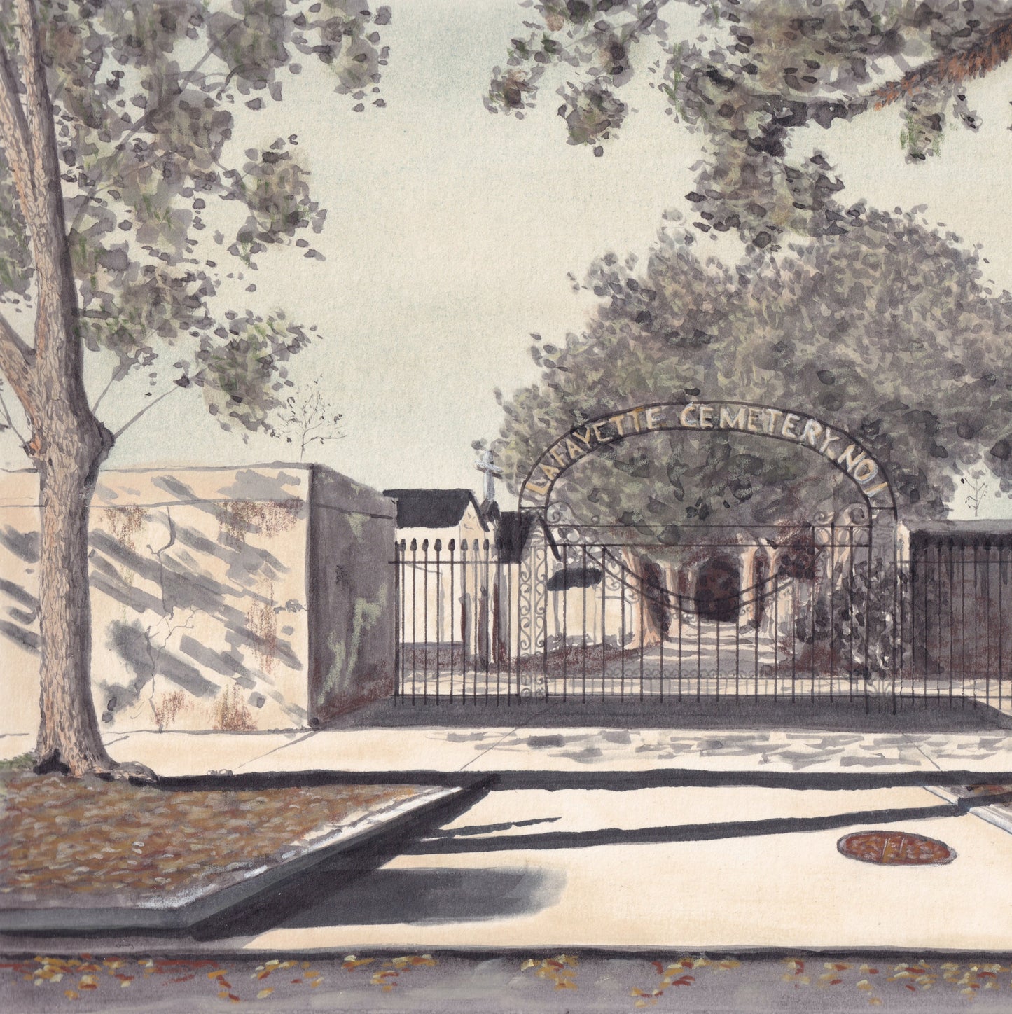 A detail view of the original art for the Lafayette Cemetery no. 1 piece. A watercolor and pastel painting of The Lafayette Cemetery no. 1 located in the Garden District of New Orleans, LA floating on a solid, bright white background. The painting depicts an entrance on Washington Ave in which an Iron fence and gate guard the entry with an arching sign that reads "Lafayette Cemetery no. 1." The painting has a slight green tint and a spooky vibe.
