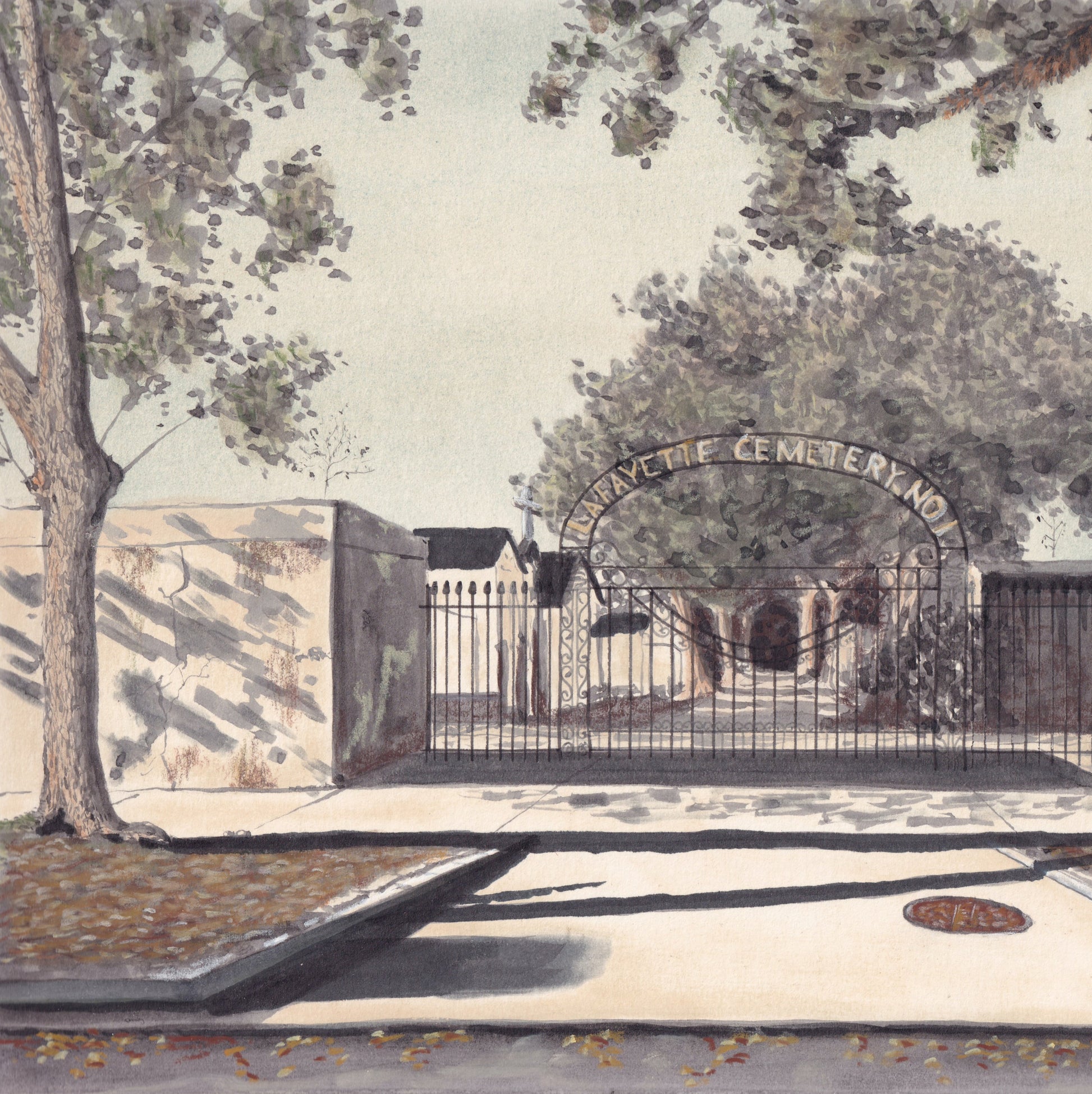A detail view of the original art for the Lafayette Cemetery no. 1 piece. A watercolor and pastel painting of The Lafayette Cemetery no. 1 located in the Garden District of New Orleans, LA floating on a solid, bright white background. The painting depicts an entrance on Washington Ave in which an Iron fence and gate guard the entry with an arching sign that reads "Lafayette Cemetery no. 1." The painting has a slight green tint and a spooky vibe.