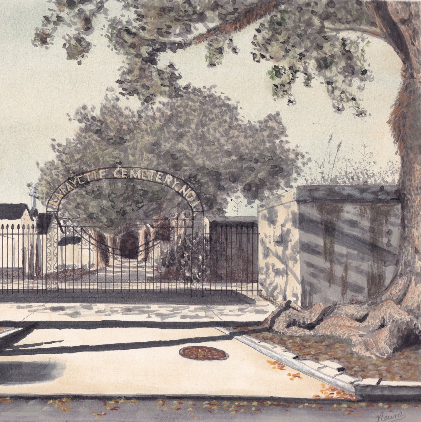 A detail view of the original art for the Lafayette Cemetery no. 1 piece. A watercolor and pastel painting of The Lafayette Cemetery no. 1 located in the Garden District of New Orleans, LA floating on a solid, bright white background. The painting depicts an entrance on Washington Ave in which an Iron fence and gate guard the entry with an arching sign that reads "Lafayette Cemetery no. 1." The painting has a slight green tint and a spooky vibe.