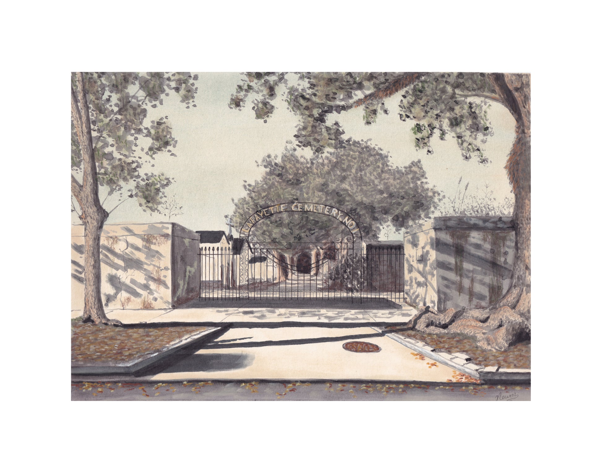 A product photo of the original art for the Lafayette Cemetery no. 1 piece. A watercolor and pastel painting of The Lafayette Cemetery no. 1 located in the Garden District of New Orleans, LA floating on a solid, bright white background. The painting depicts an entrance on Washington Ave in which an Iron fence and gate guard the entry with an arching sign that reads "Lafayette Cemetery no. 1." The painting has a slight green tint and a spooky vibe.
