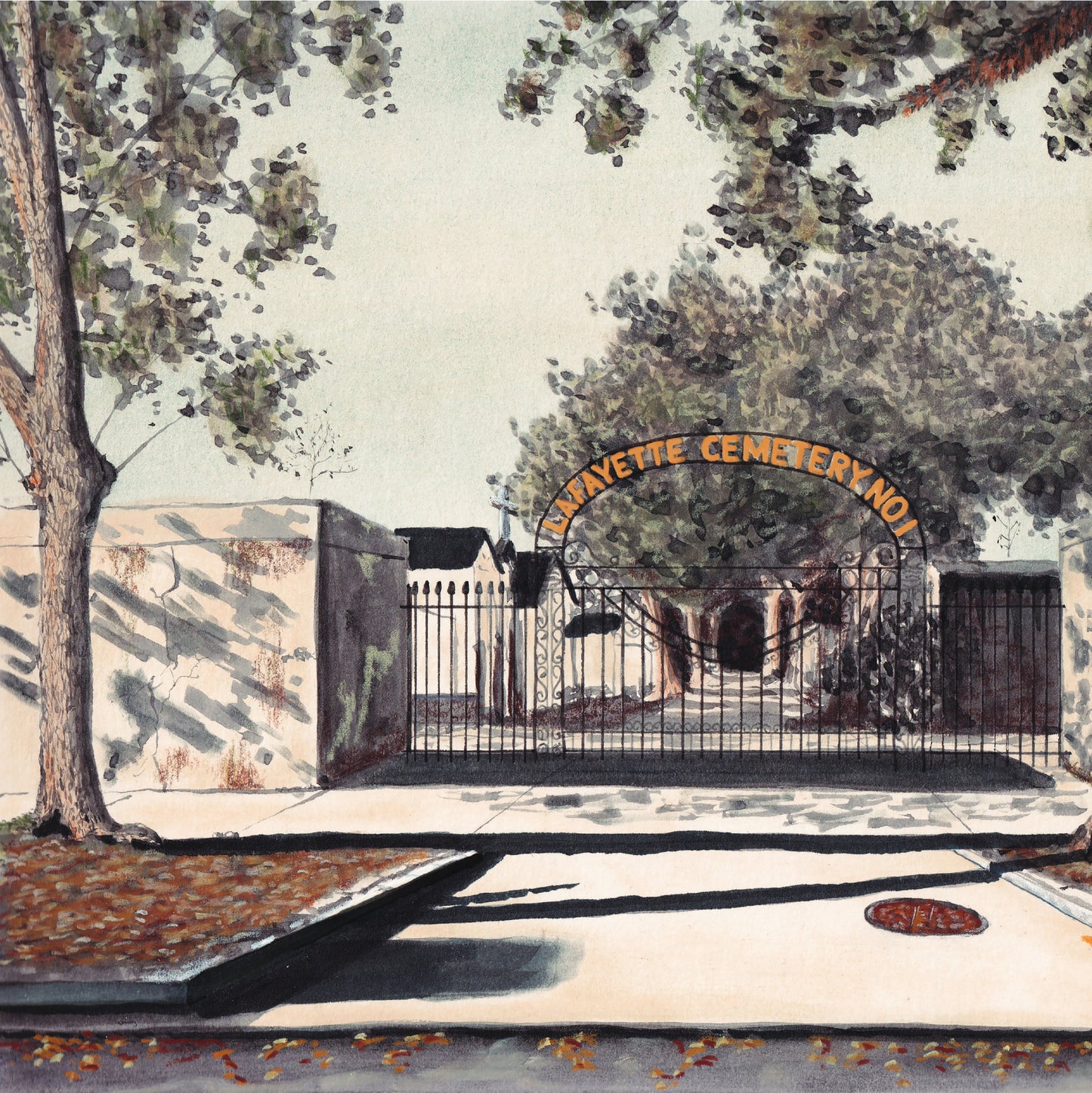 A detail view of The Lafayette Cemetery no. 1 art print. A watercolor and pastel painting of The Lafayette Cemetery no. 1 located floating on a solid, bright white background in the Garden District of New Orleans, LA. The painting depicts an entrance on Washington Ave in which an Iron fence and gate guard the entry with an arching sign that reads "Lafayette Cemetery no. 1." The painting has a slight green tint and a spooky vibe. The signature “Newm” lays off to the side.