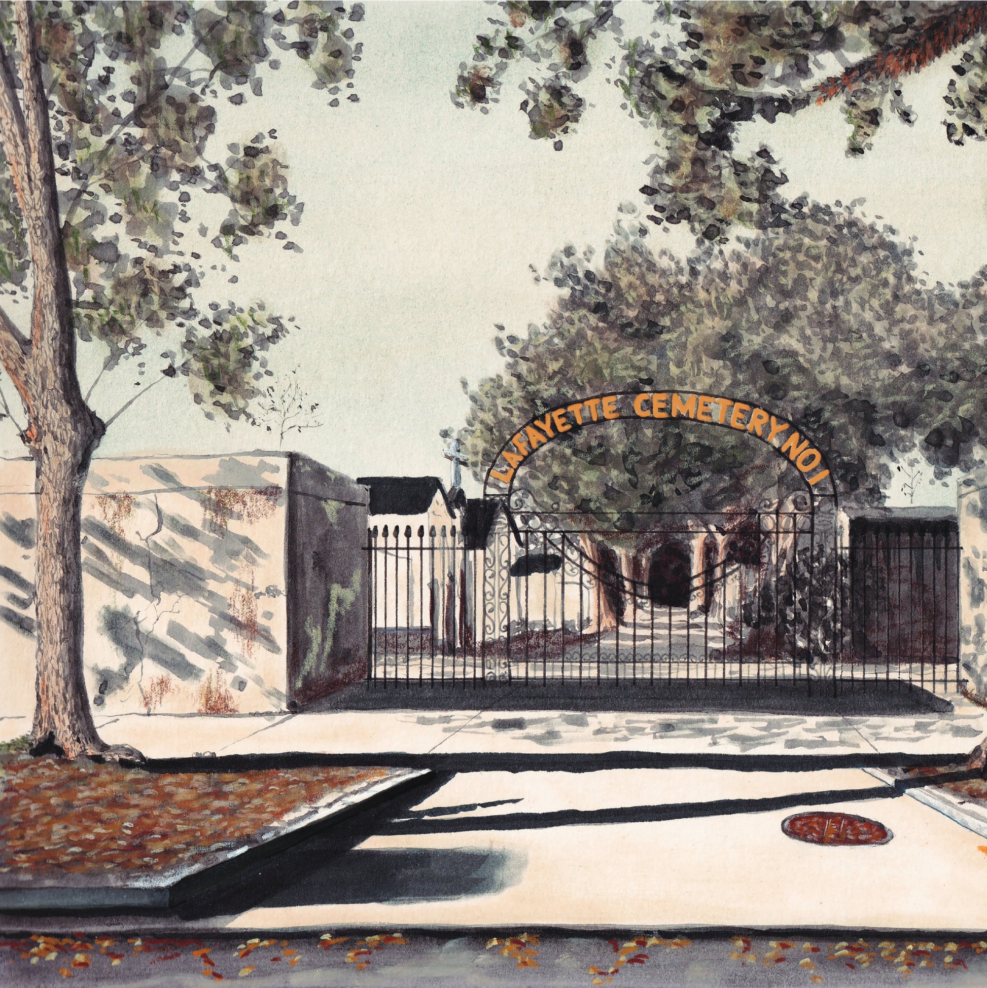 A detail view of The Lafayette Cemetery no. 1 art print. A watercolor and pastel painting of The Lafayette Cemetery no. 1 located floating on a solid, bright white background in the Garden District of New Orleans, LA. The painting depicts an entrance on Washington Ave in which an Iron fence and gate guard the entry with an arching sign that reads "Lafayette Cemetery no. 1." The painting has a slight green tint and a spooky vibe. The signature “Newm” lays off to the side.