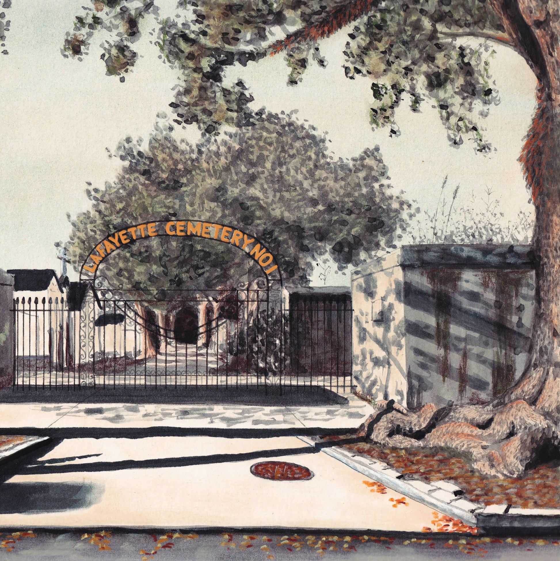 A detail view of The Lafayette Cemetery no. 1 art print. A watercolor and pastel painting of The Lafayette Cemetery no. 1 located floating on a solid, bright white background in the Garden District of New Orleans, LA. The painting depicts an entrance on Washington Ave in which an Iron fence and gate guard the entry with an arching sign that reads "Lafayette Cemetery no. 1." The painting has a slight green tint and a spooky vibe. The signature “Newm” lays off to the side.