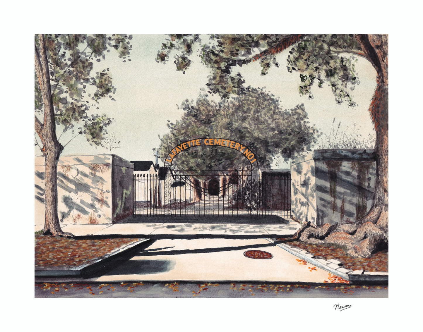 An art print of a watercolor and pastel painting of The Lafayette Cemetery no. 1 located in the Garden District of New Orleans, LA. The painting depicts an entrance on Washington Ave in which an Iron fence and gate guard the entry with an arching sign that reads "Lafayette Cemetery no. 1." The painting has a slight green tint and a spooky vibe. The signature “Newm” lays off to the side.