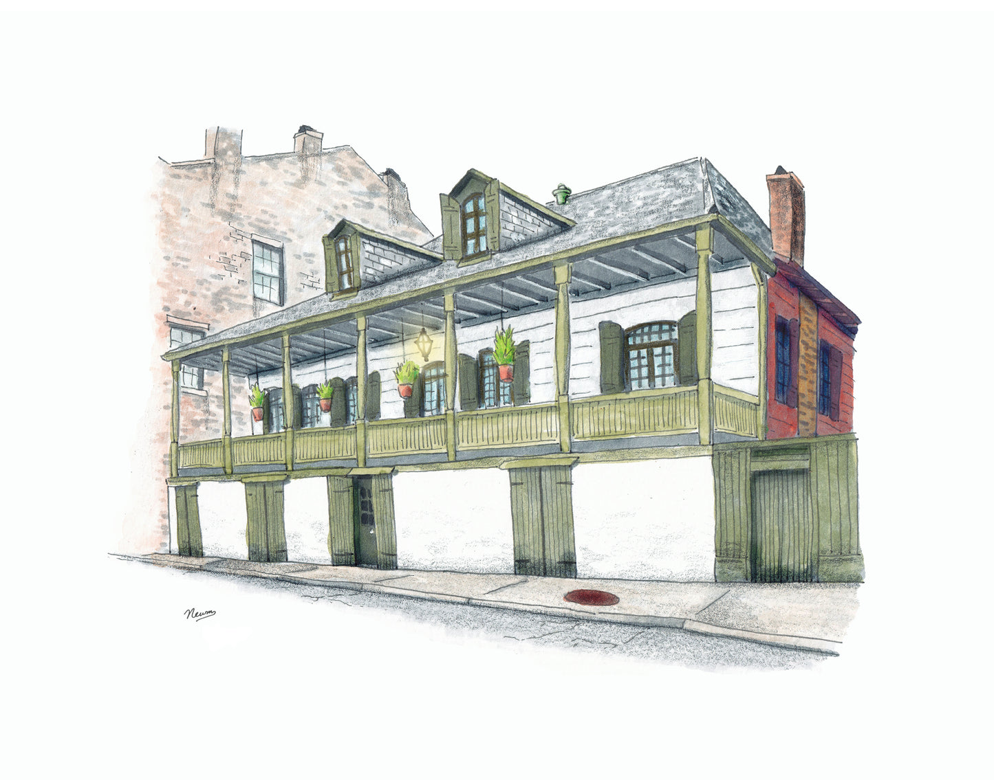 A product photo of the Madame John's Legacy art print. The 19th century home turned museum located in the French Quarter of New Orleans known as Madame John's Legacy is painted in a line and wash illustration style. The perspective I that of being slightly upstream from the building. The building is off white with green accents on the shutters, basement doors and gates, banisters, and posts. A shingled roof features 2 dormers. The left side of the house shows a chimney and is painted oxblood red.