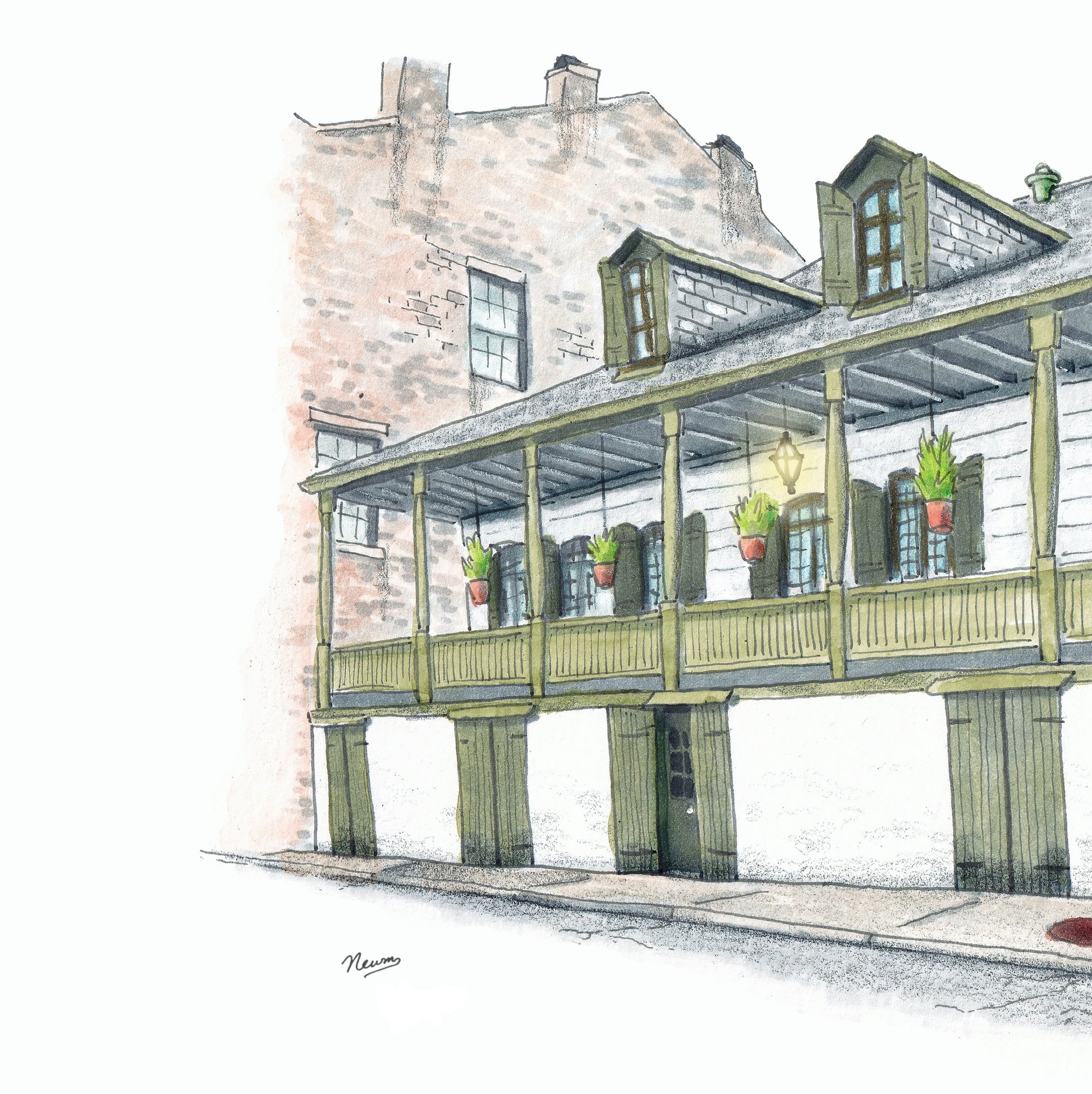 A detail photo of the original art for the Madame John's Legacy piece. An Illustration of a two-story building with a porch on a white background. The building is off white with green shutters, doors, rails, columns, and gates.