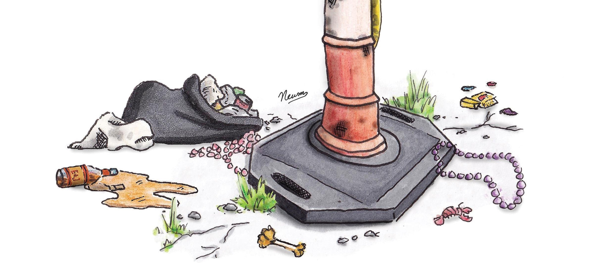 A detail photo of the Mardi Cone art print. A slender traffic cone sits slightly of center to the right. The cone is adorned with a Mardi Gras jester style mask colored purple, green, and gold as a piece of caution tape trails to the ground. Surrounding the cone is trash, a crawfish shell, a chicken bone, beads, an American Spirit pack, and a spilled bottle of E&J.