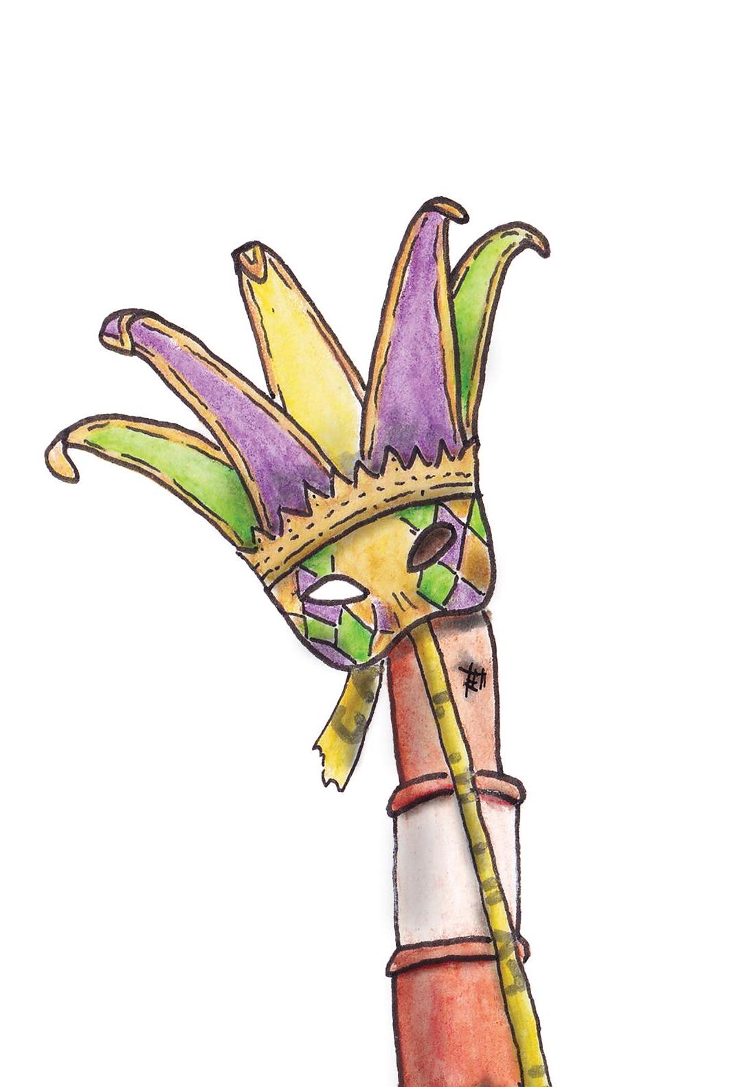 A detail photo of the Mardi Cone art print. A slender traffic cone sits slightly of center to the right. The cone is adorned with a Mardi Gras jester style mask colored purple, green, and gold as a piece of caution tape trails to the ground. Surrounding the cone is trash, a crawfish shell, a chicken bone, beads, an American Spirit pack, and a spilled bottle of E&J.