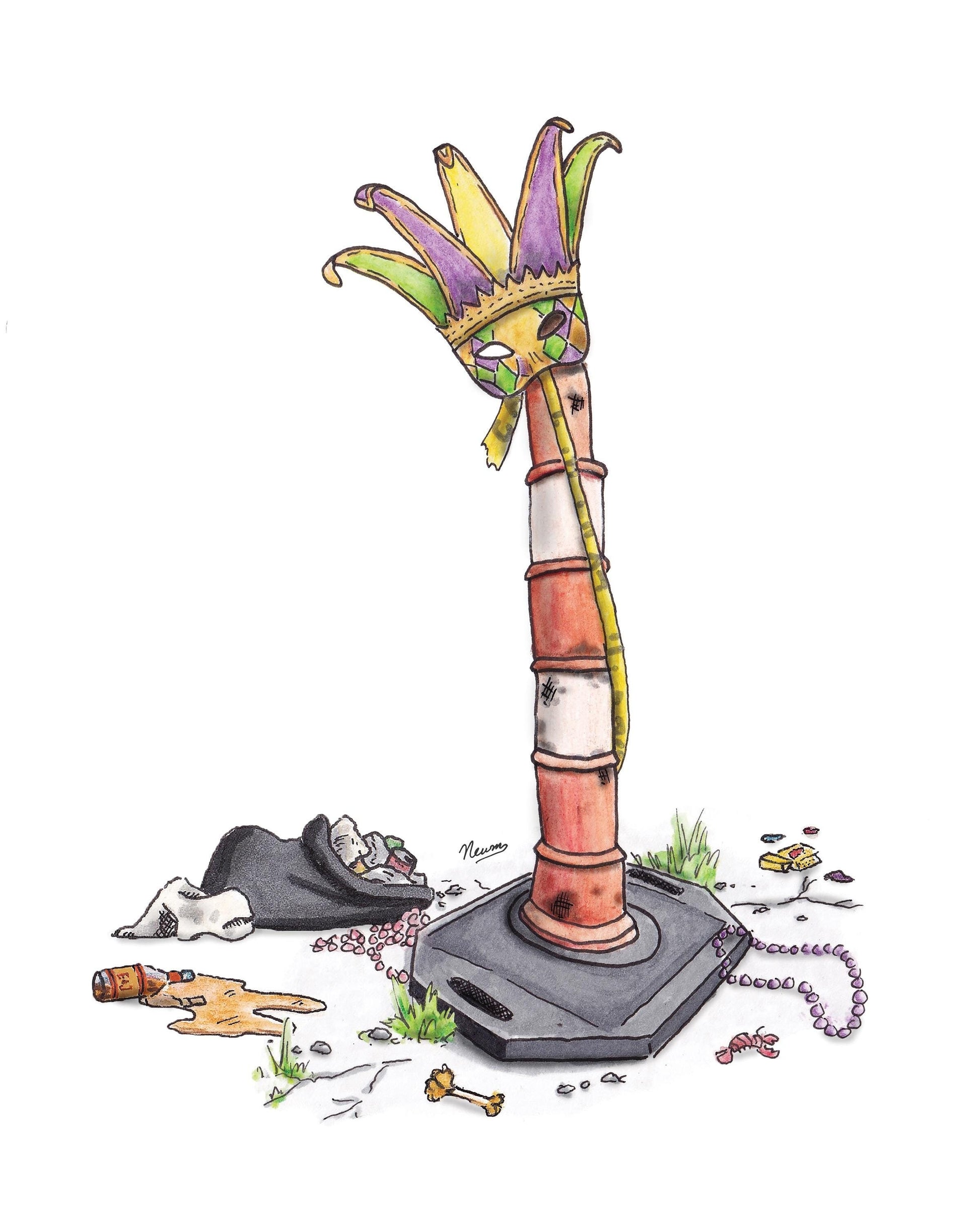 A product photo of the Mardi Cone art print. A slender traffic cone sits slightly of center to the right. The cone is adorned with a Mardi Gras jester style mask colored purple, green, and gold as a piece of caution tape trails to the ground. Surrounding the cone is trash, a crawfish shell, a chicken bone, beads, an American Spirit pack, and a spilled bottle of E&J.