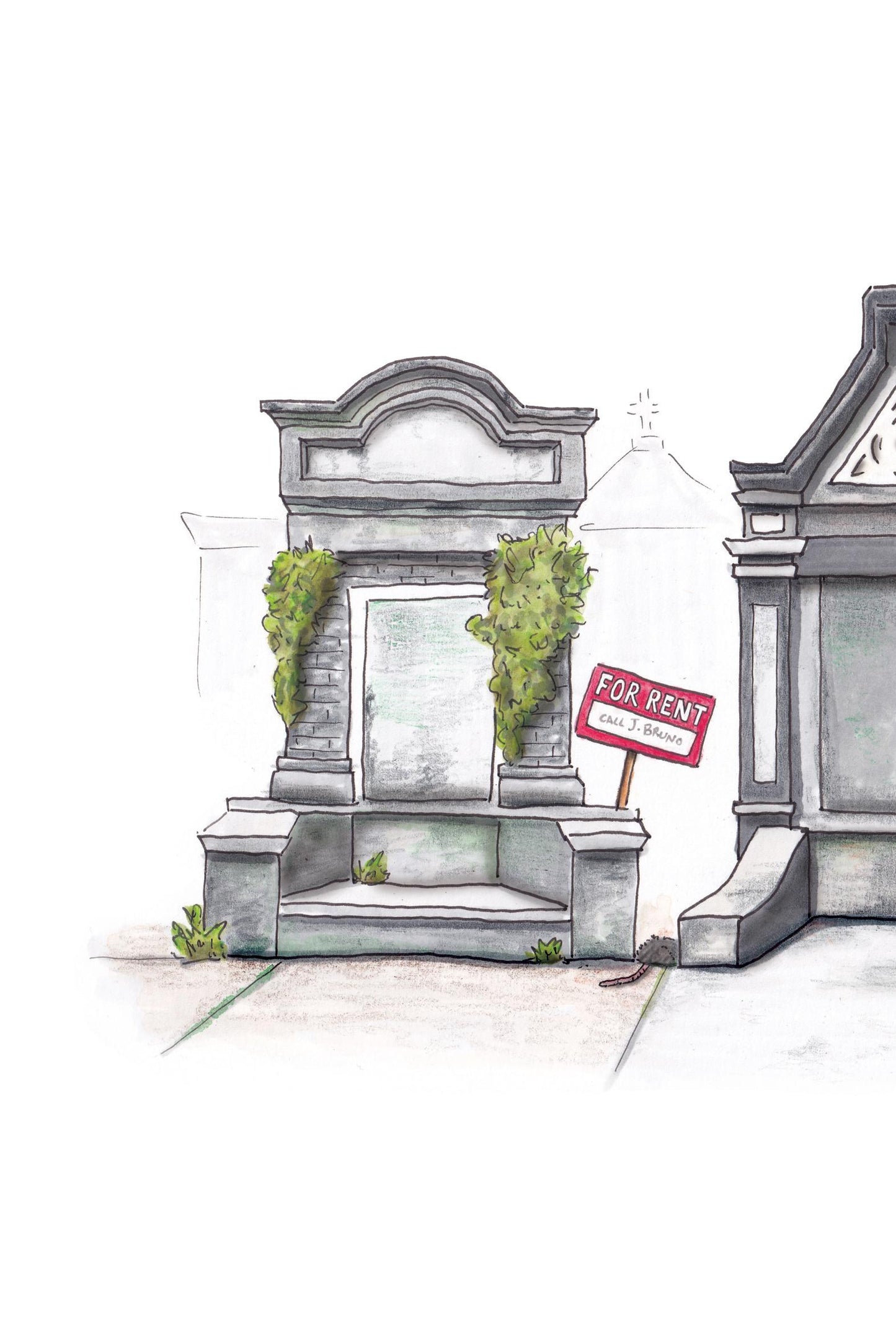 A detail photo of the New Orleans Tombs art print. Three mausoleums colored different shades of gray sit in a row on a white background with trash littered on the sidewalk. The mausoleum to the left features a vine growth and a "FOR RENT" sign with the contact name J. Bruno, an infamous New Orleans slumlord.