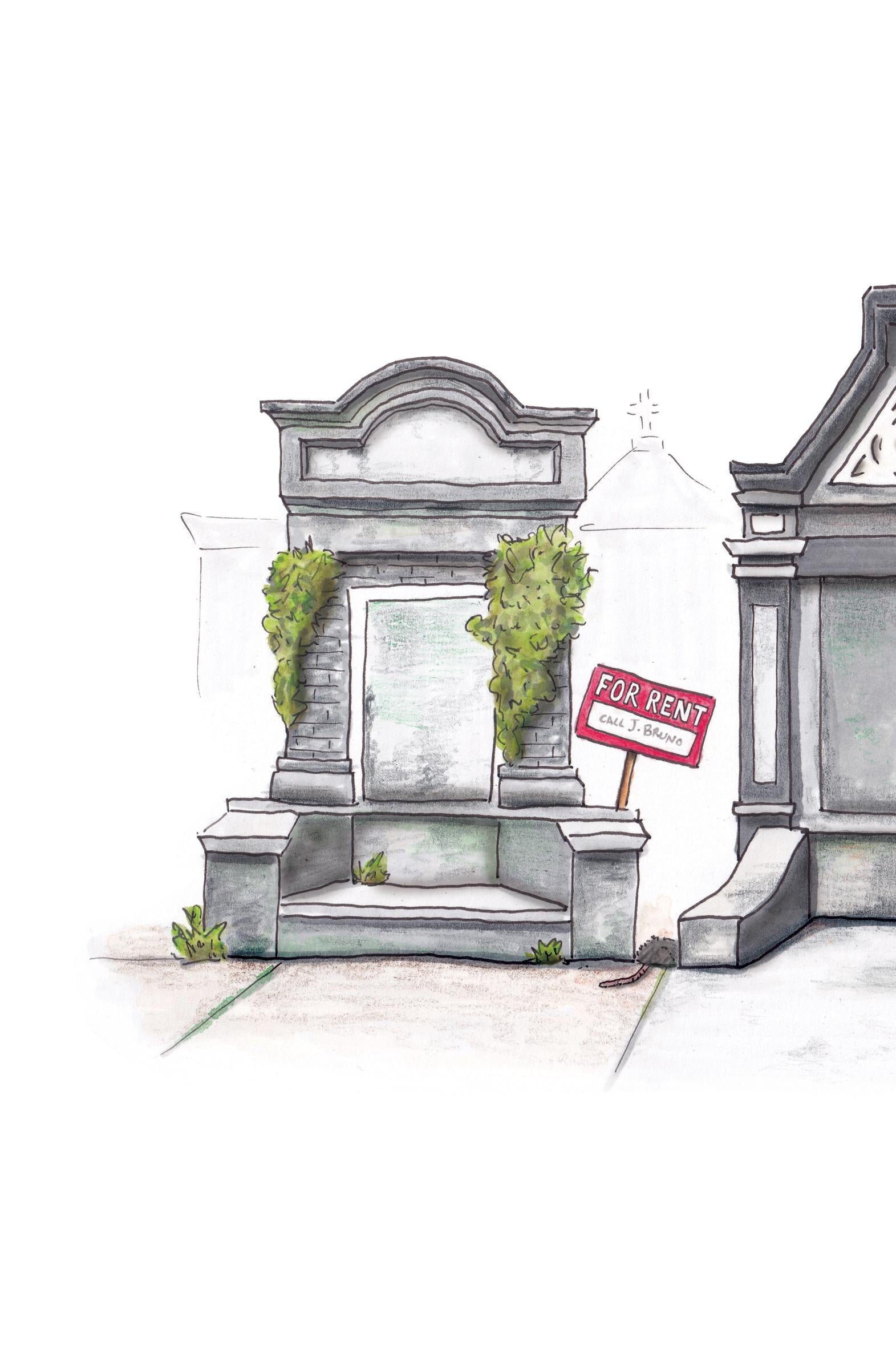 A detail photo of the New Orleans Tombs art print. Three mausoleums colored different shades of gray sit in a row on a white background with trash littered on the sidewalk. The mausoleum to the left features a vine growth and a "FOR RENT" sign with the contact name J. Bruno, an infamous New Orleans slumlord.