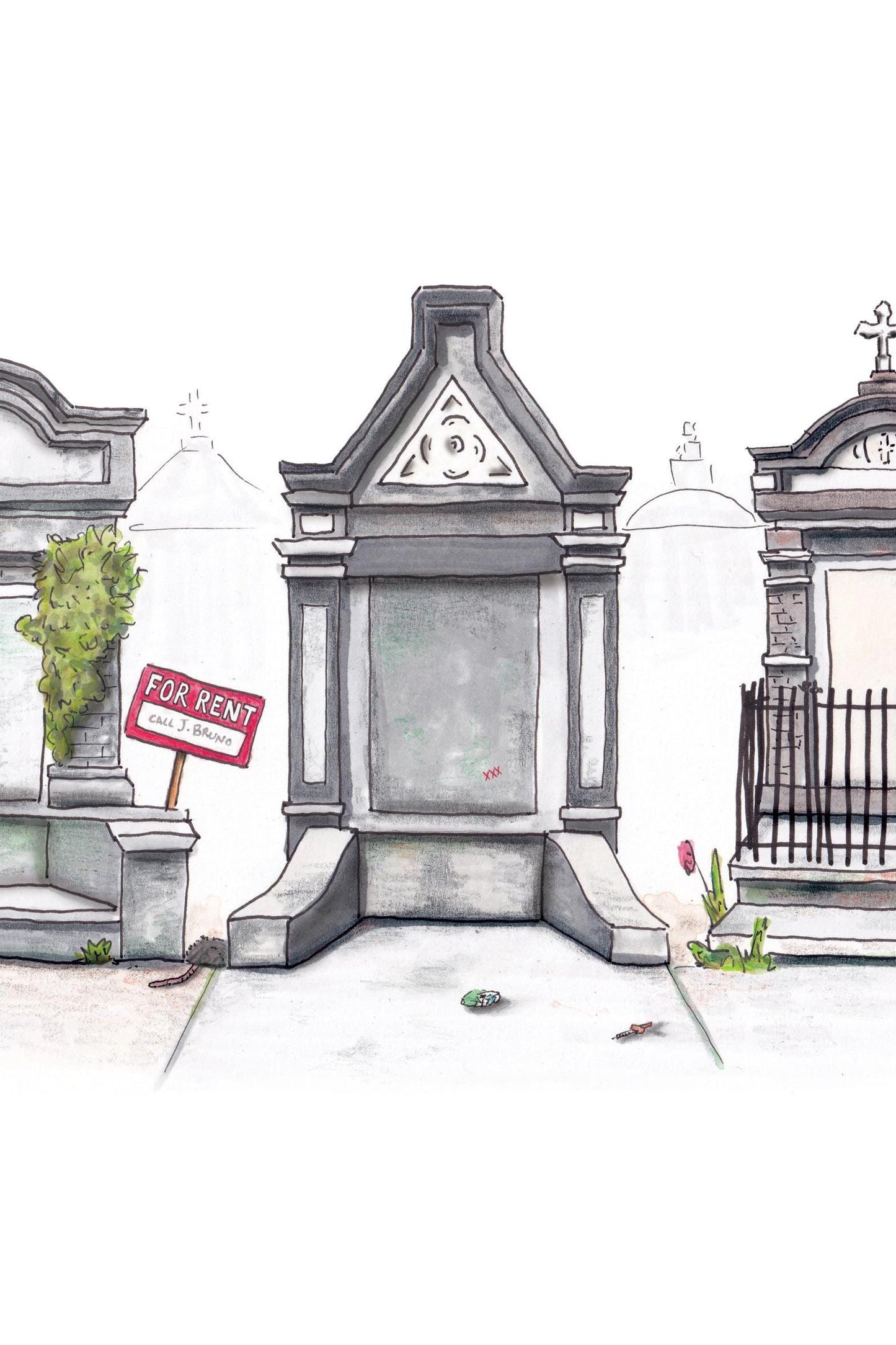 A detail photo of the New Orleans Tombs art print. Three mausoleums colored different shades of gray sit in a row on a white background with trash littered on the sidewalk. The mausoleum to the left features a vine growth and a "FOR RENT" sign with the contact name J. Bruno, an infamous New Orleans slumlord.