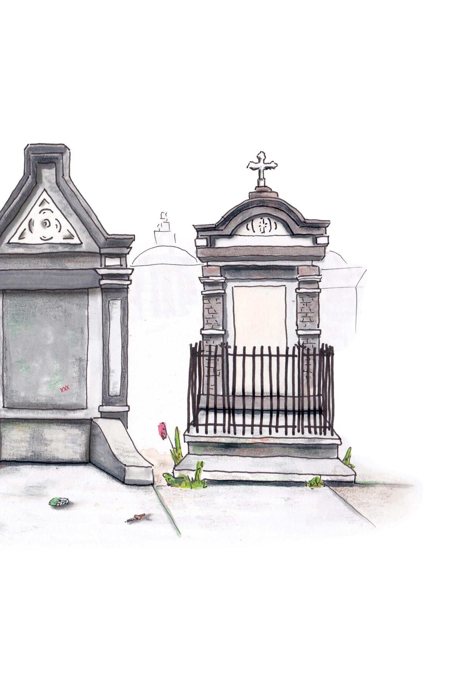 A detail photo of the New Orleans Tombs art print. Three mausoleums colored different shades of gray sit in a row on a white background with trash littered on the sidewalk. The mausoleum to the left features a vine growth and a "FOR RENT" sign with the contact name J. Bruno, an infamous New Orleans slumlord.